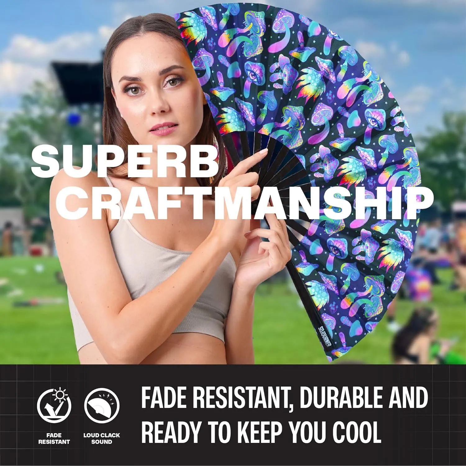SoJourner Bags Rave Fan - Large Folding Fan - Clack Fan Hand Fan for Raves, Halloween, Burlesque, Rainbow Outfits for Women & Festival Accessories