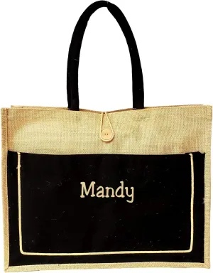 SONA G DESIGNS Personalized with Embroidered Name Vintage Style Jute with Black Cotton Pocket Large Tote Shopping Bag