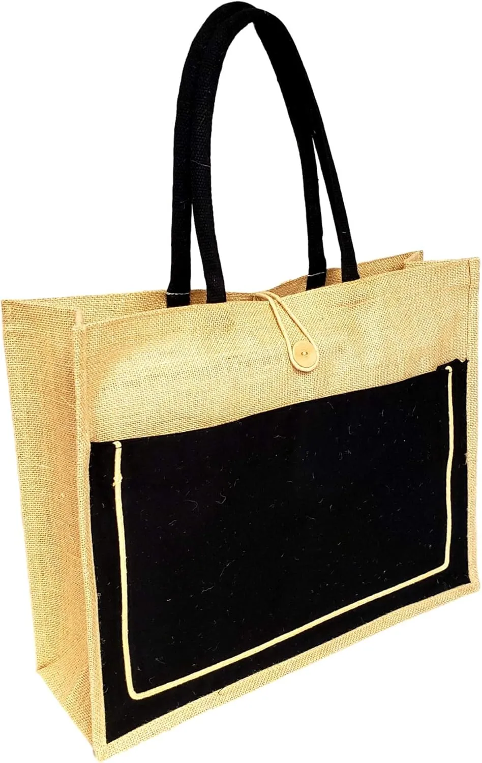 SONA G DESIGNS Personalized with Embroidered Name Vintage Style Jute with Black Cotton Pocket Large Tote Shopping Bag