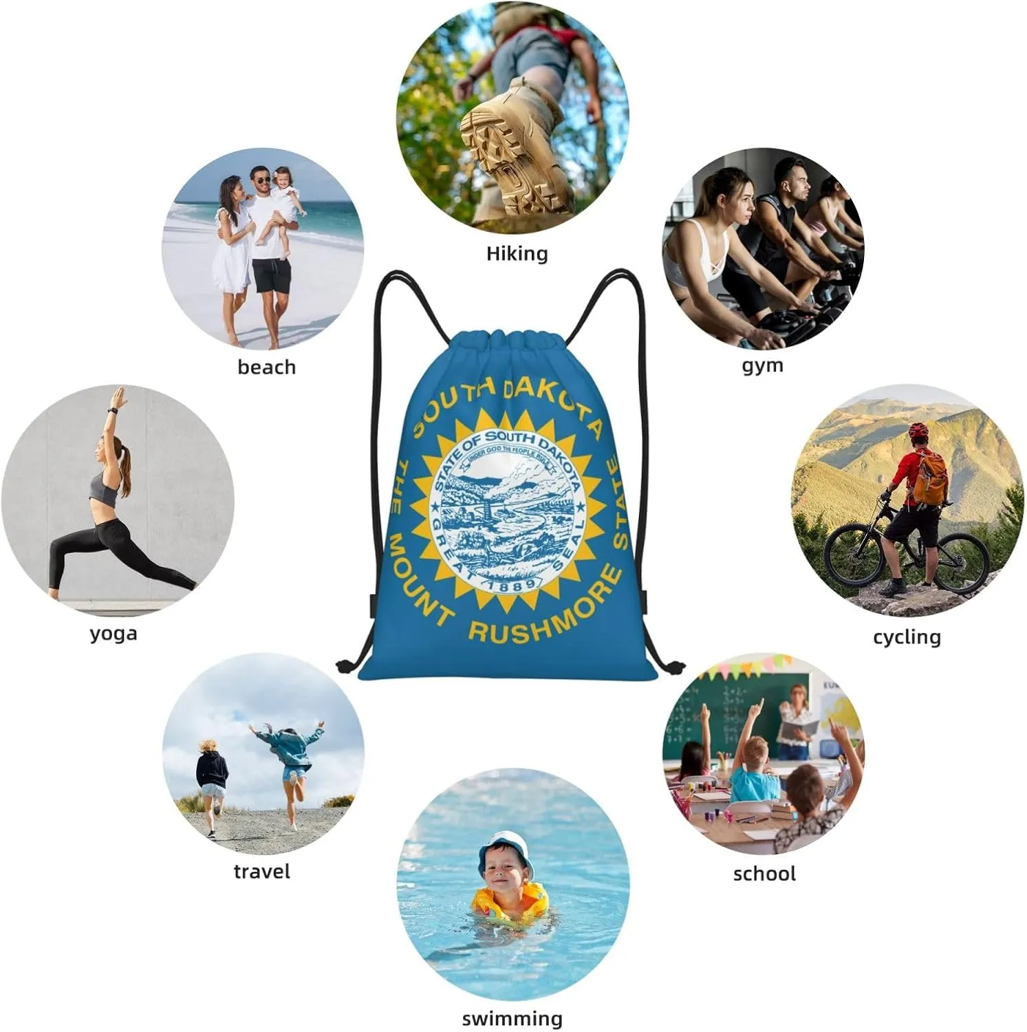 South Dakota Flag print Drawstring Backpack Bags Sack Cinch Tote Sport Storage Polyester Bag for Gym Traveling