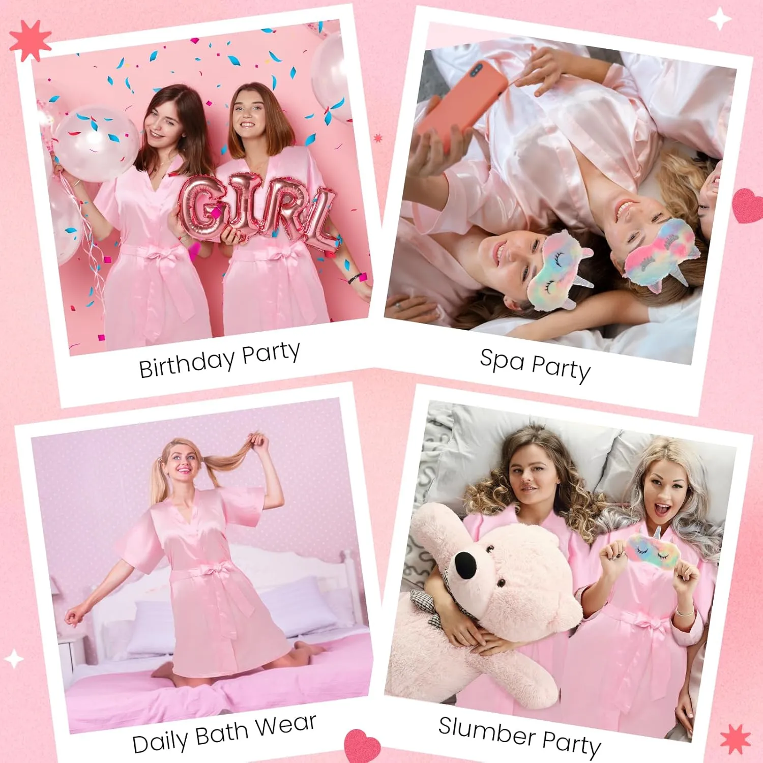 Spa Party Supplies for Teen Satin Robe Bathrobe Silk Pink Kimono Slumber Robe for Spa Birthday Sleepover Party 6 Sets