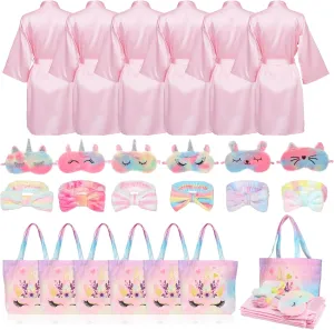 Spa Party Supplies for Teen Satin Robe Bathrobe Silk Pink Kimono Slumber Robe for Spa Birthday Sleepover Party 6 Sets
