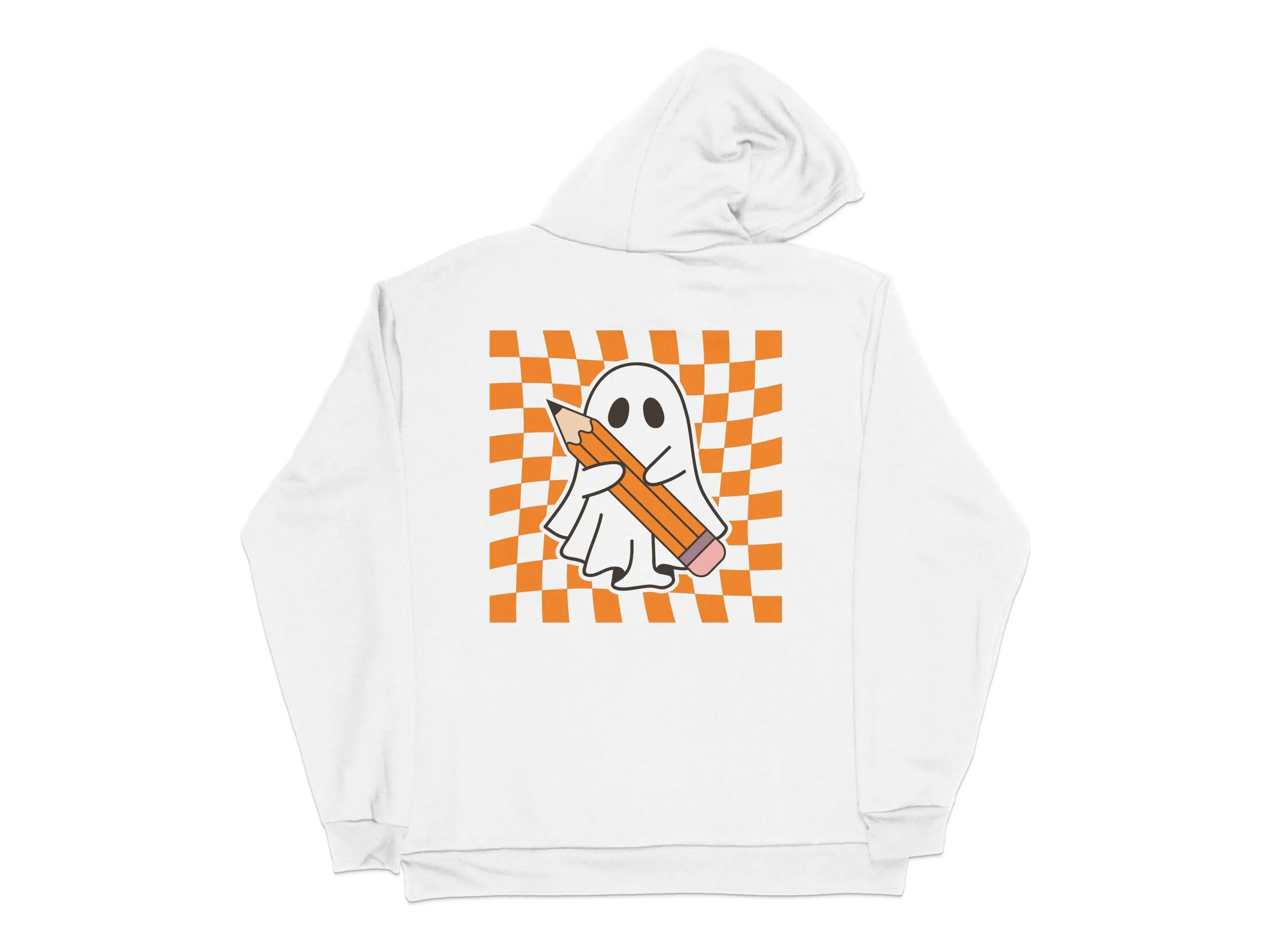 Spooky Season Ghost With Pencil Checkered Background Print Ready DTF Transfers | SKU: HLW019