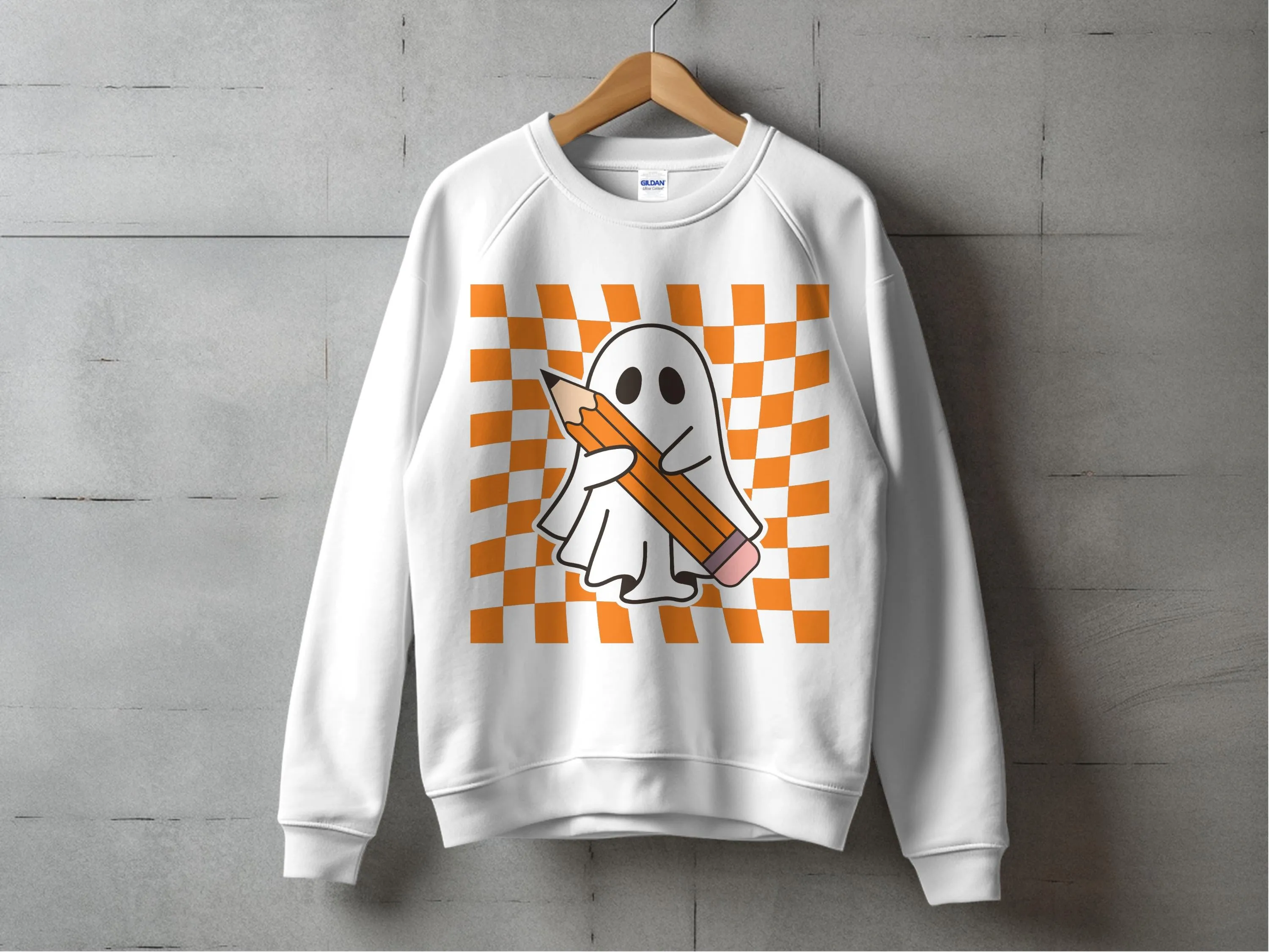 Spooky Season Ghost With Pencil Checkered Background Print Ready DTF Transfers | SKU: HLW019