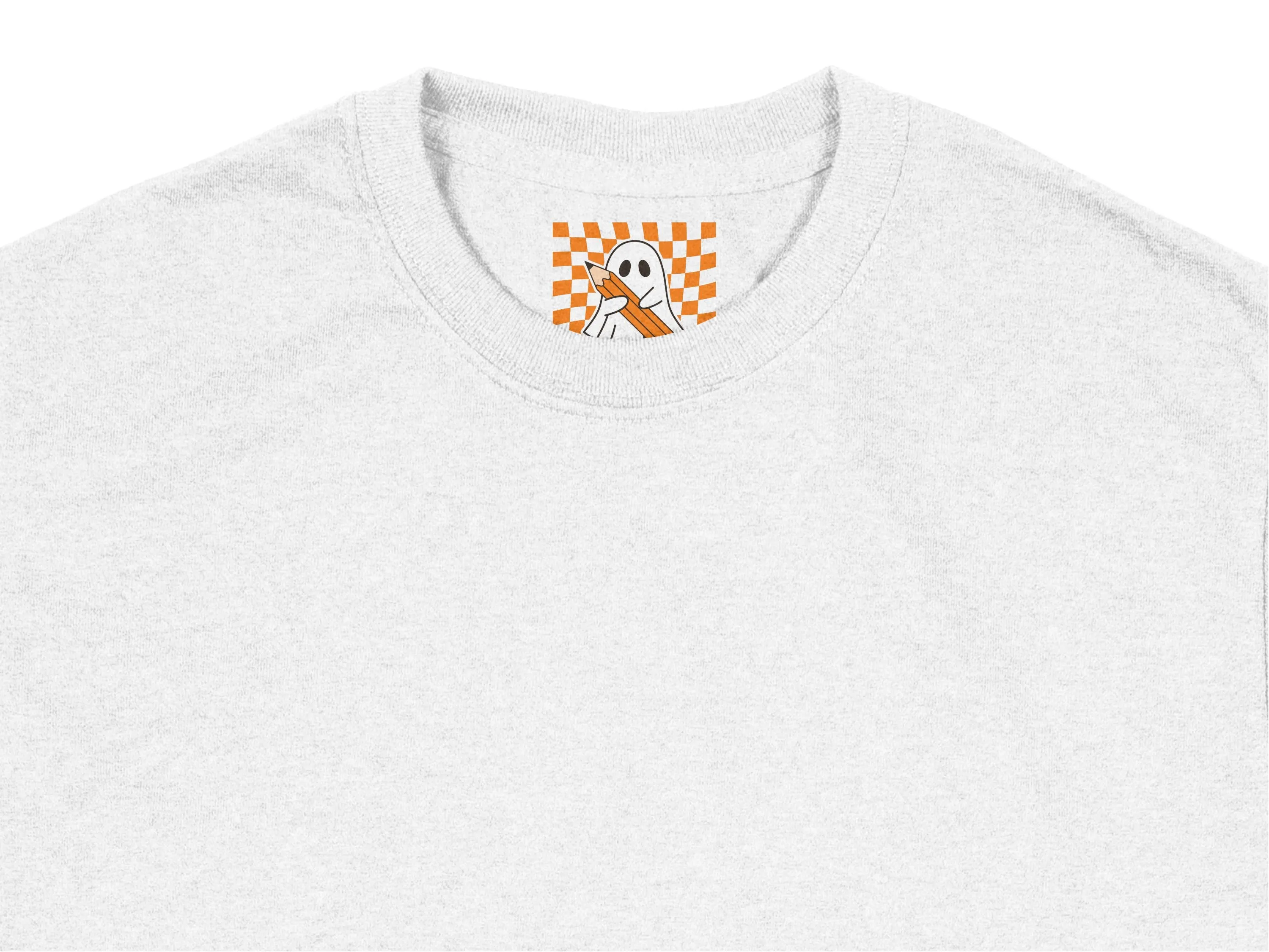 Spooky Season Ghost With Pencil Checkered Background Print Ready DTF Transfers | SKU: HLW019