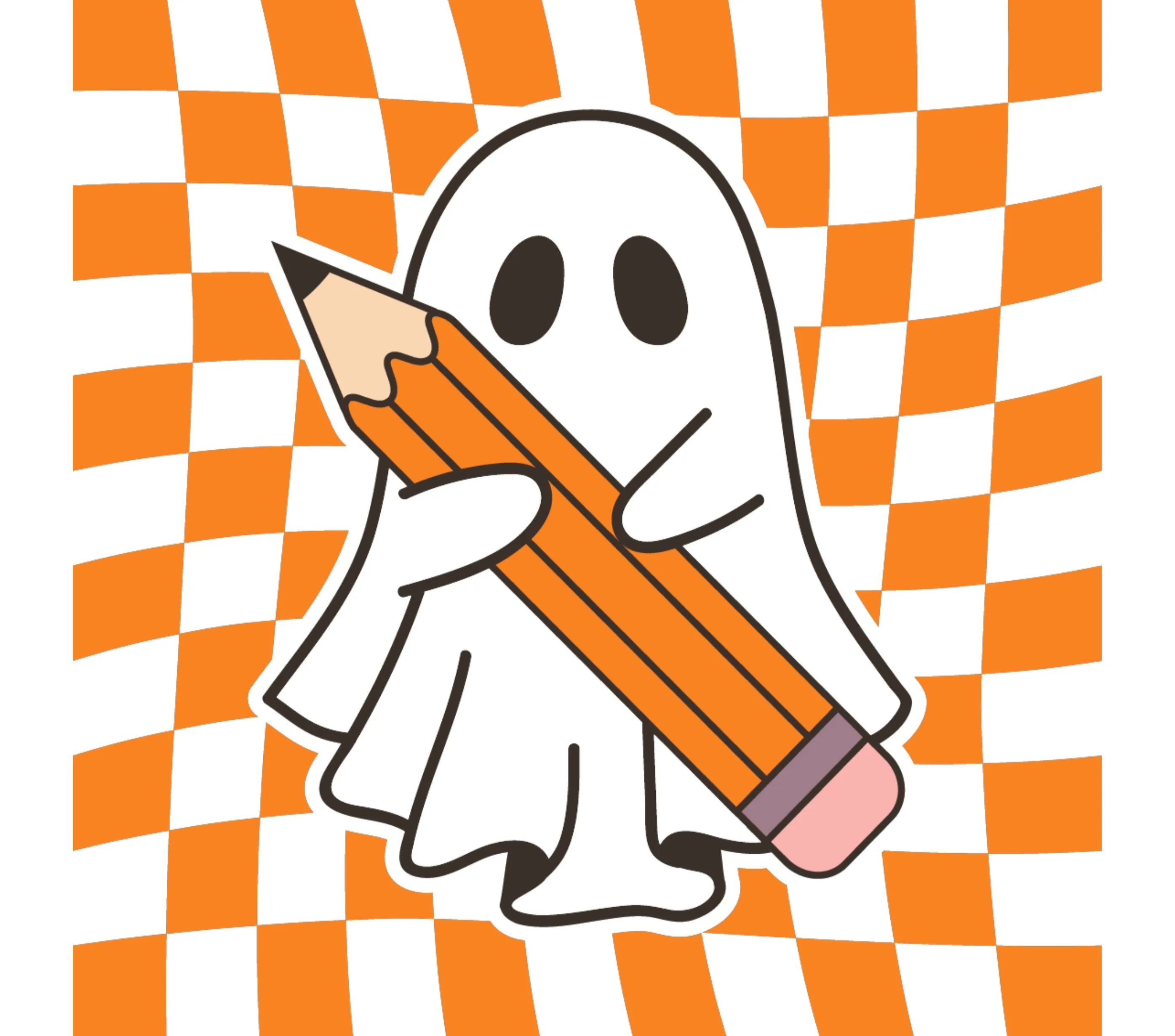 Spooky Season Ghost With Pencil Checkered Background Print Ready DTF Transfers | SKU: HLW019
