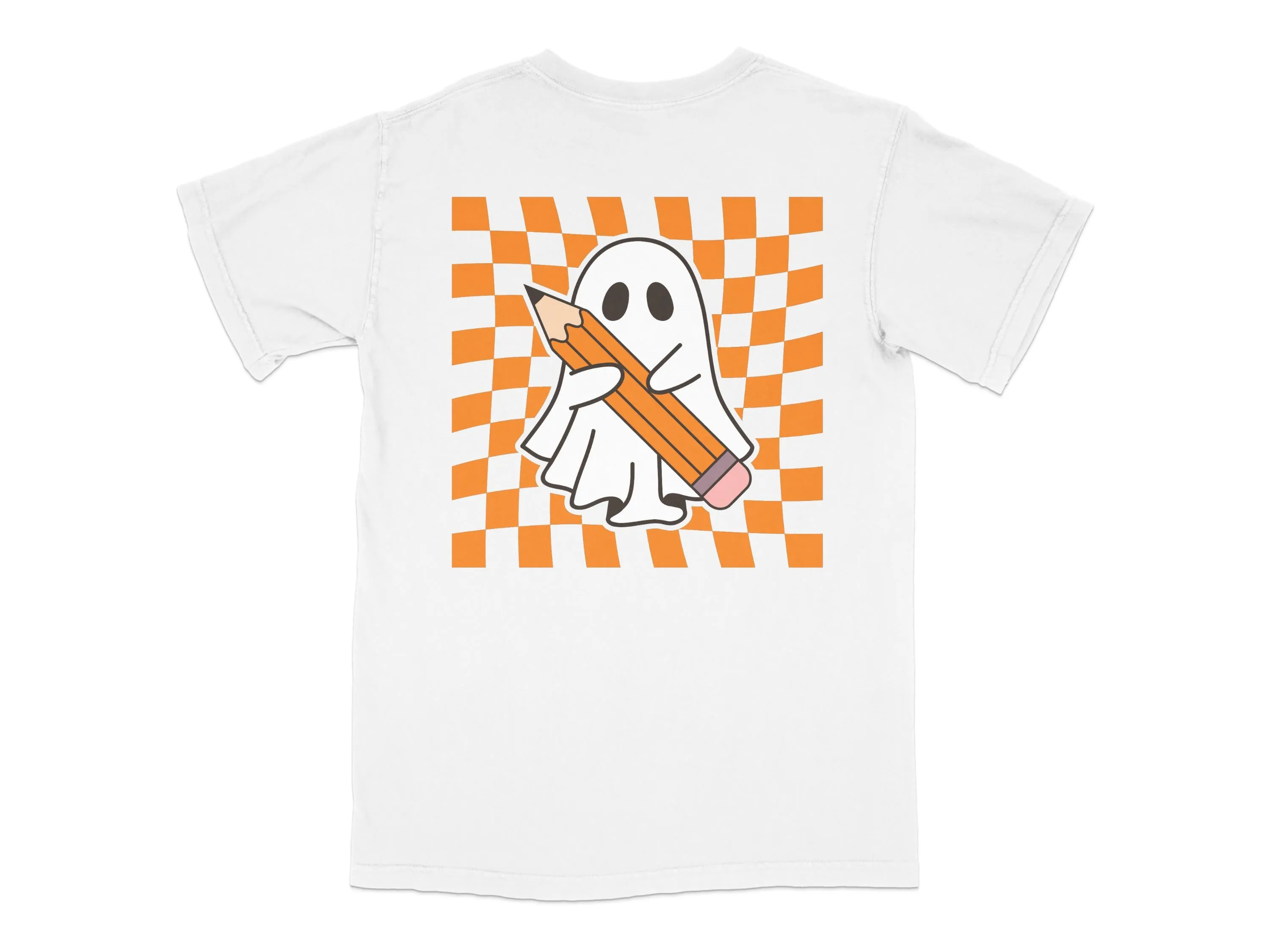 Spooky Season Ghost With Pencil Checkered Background Print Ready DTF Transfers | SKU: HLW019