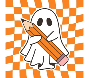 Spooky Season Ghost With Pencil Checkered Background Print Ready DTF Transfers | SKU: HLW019