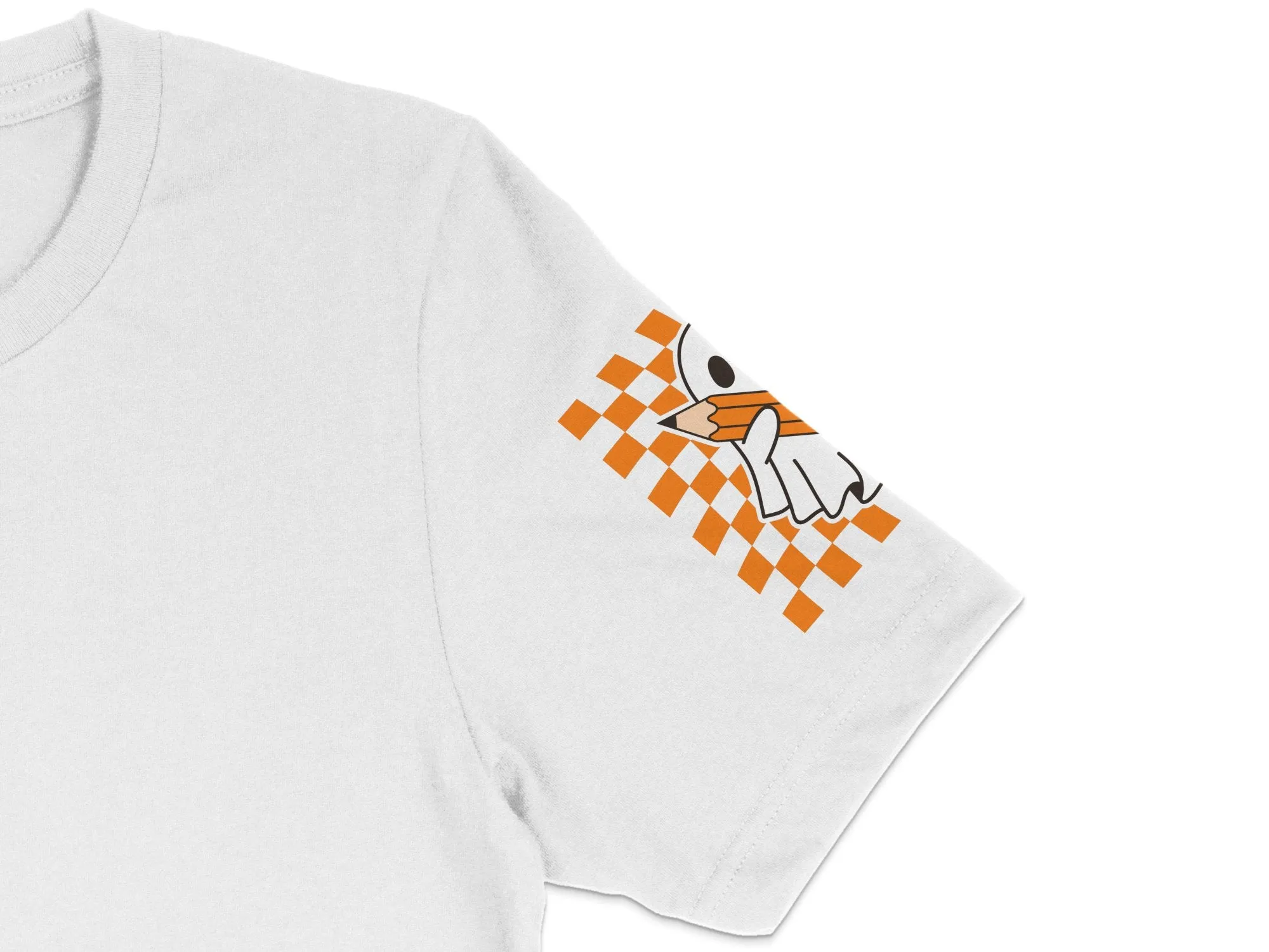 Spooky Season Ghost With Pencil Checkered Background Print Ready DTF Transfers | SKU: HLW019