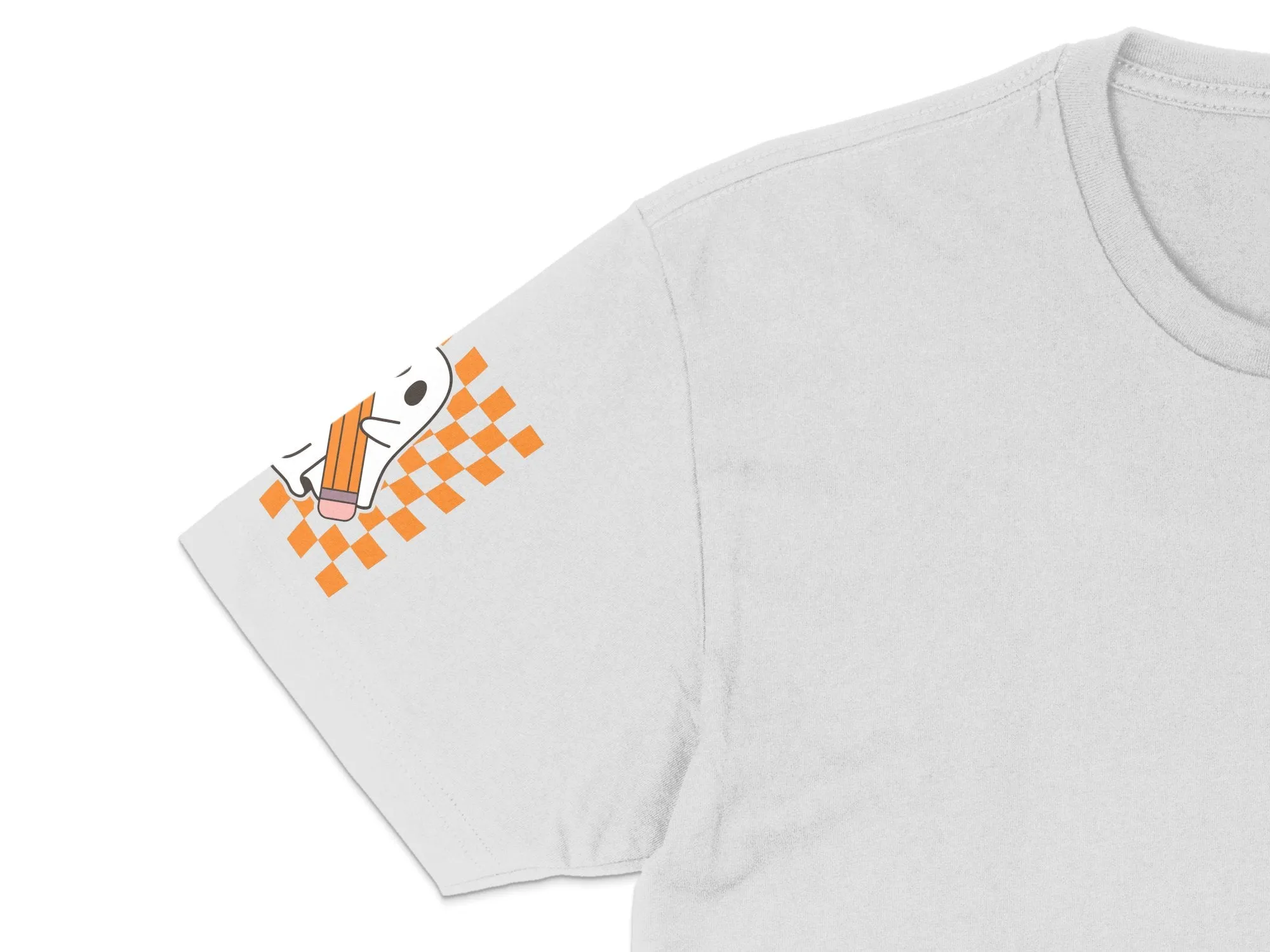 Spooky Season Ghost With Pencil Checkered Background Print Ready DTF Transfers | SKU: HLW019