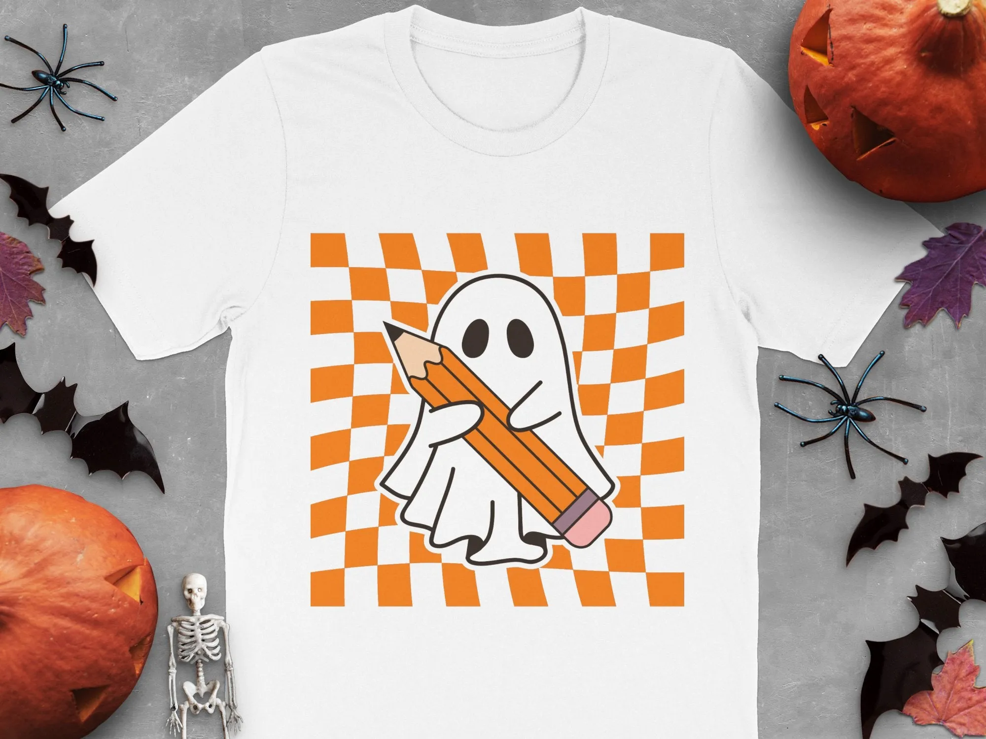 Spooky Season Ghost With Pencil Checkered Background Print Ready DTF Transfers | SKU: HLW019