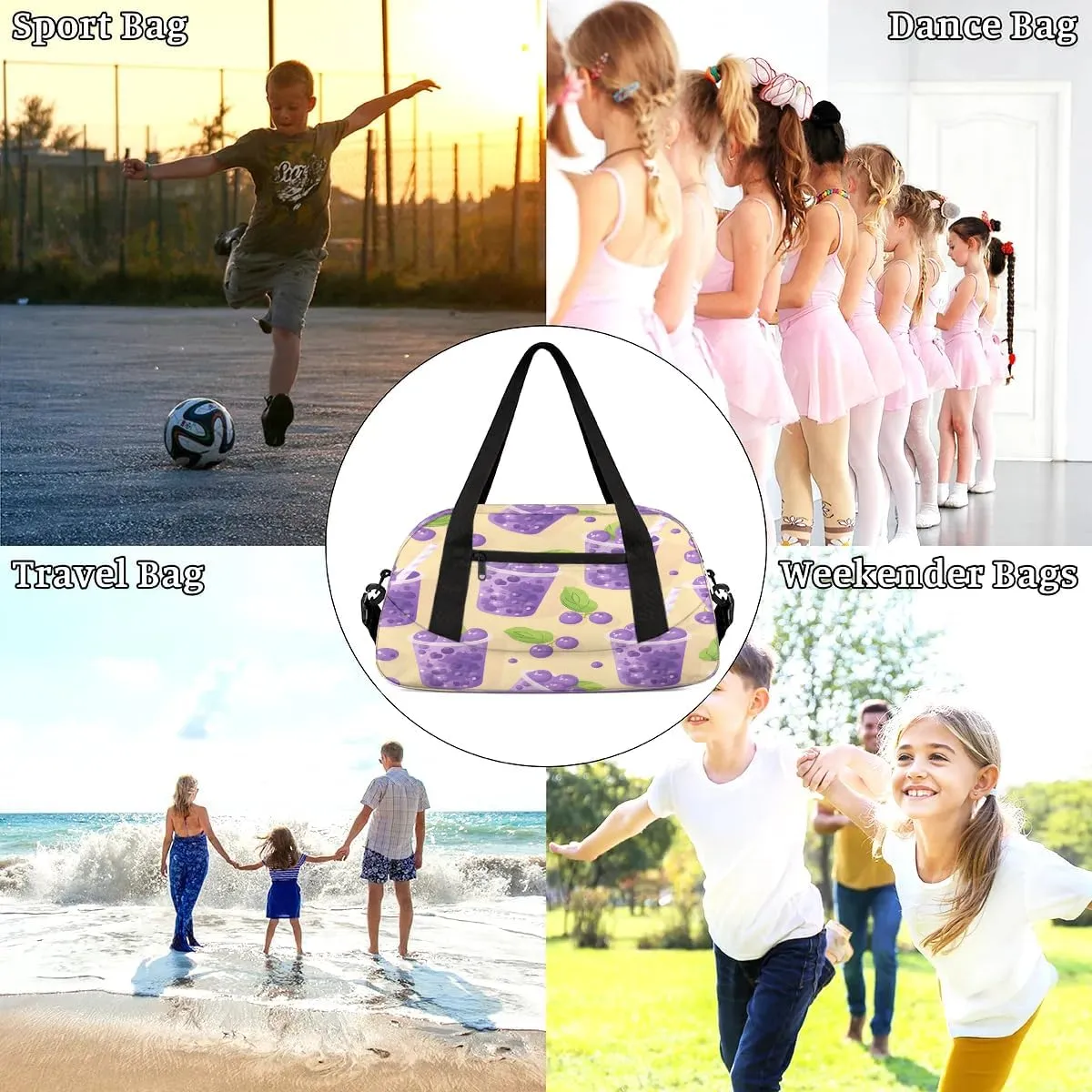 Sport Duffel Bag Blueberry Juice Print Kids Gym Bag Weekender Overnight Bags for Boys Girls Teens Carry On Workout Travel Bag