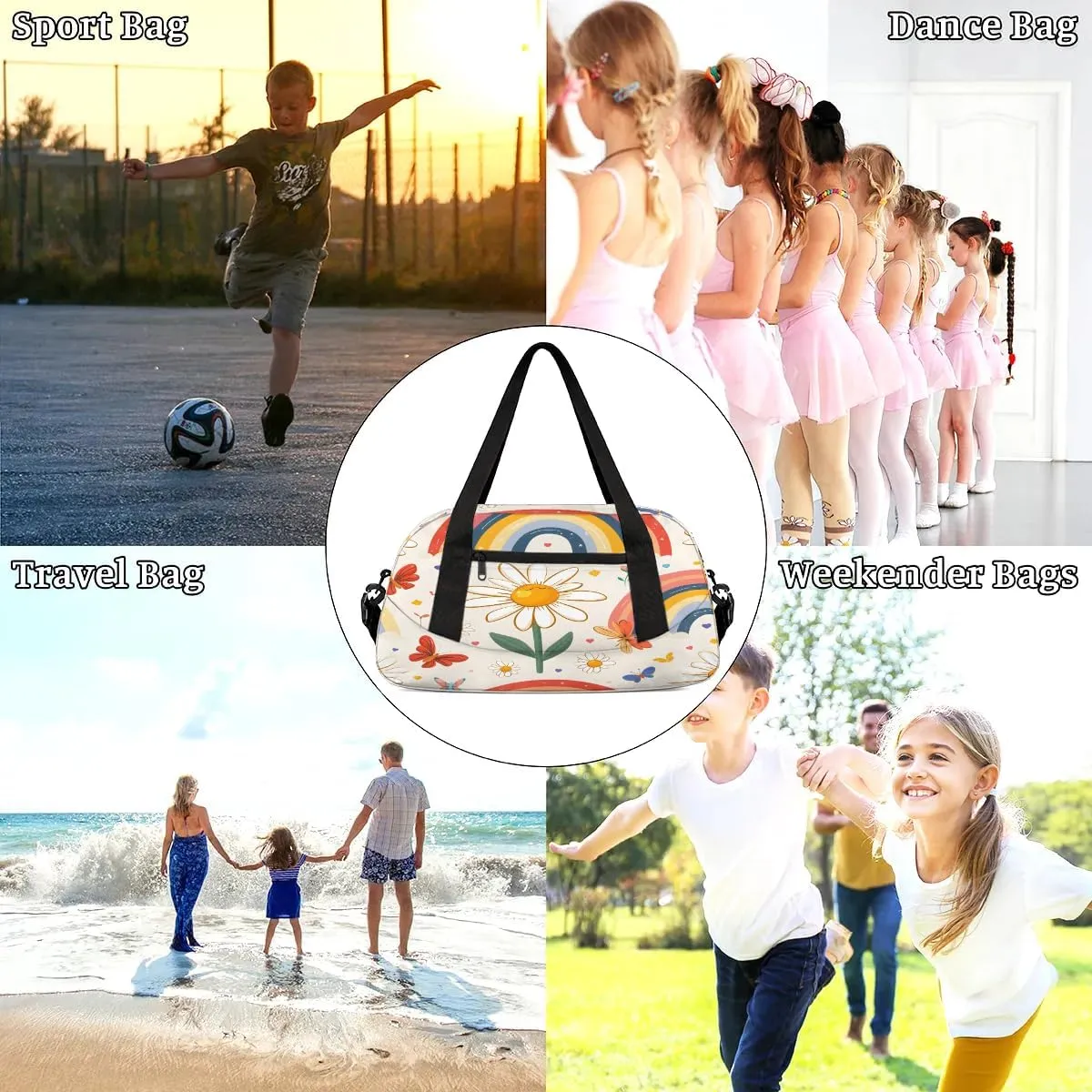 Sport Duffel Bag Butterfly Daisy Rainbow Kids Gym Bag Weekender Overnight Bags for Boys Girls Teens Carry On Workout Travel Bag
