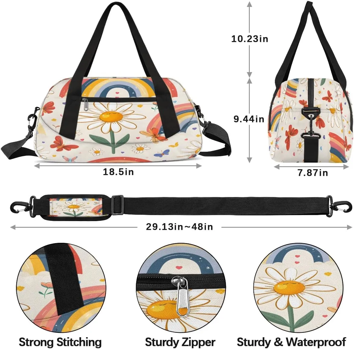Sport Duffel Bag Butterfly Daisy Rainbow Kids Gym Bag Weekender Overnight Bags for Boys Girls Teens Carry On Workout Travel Bag