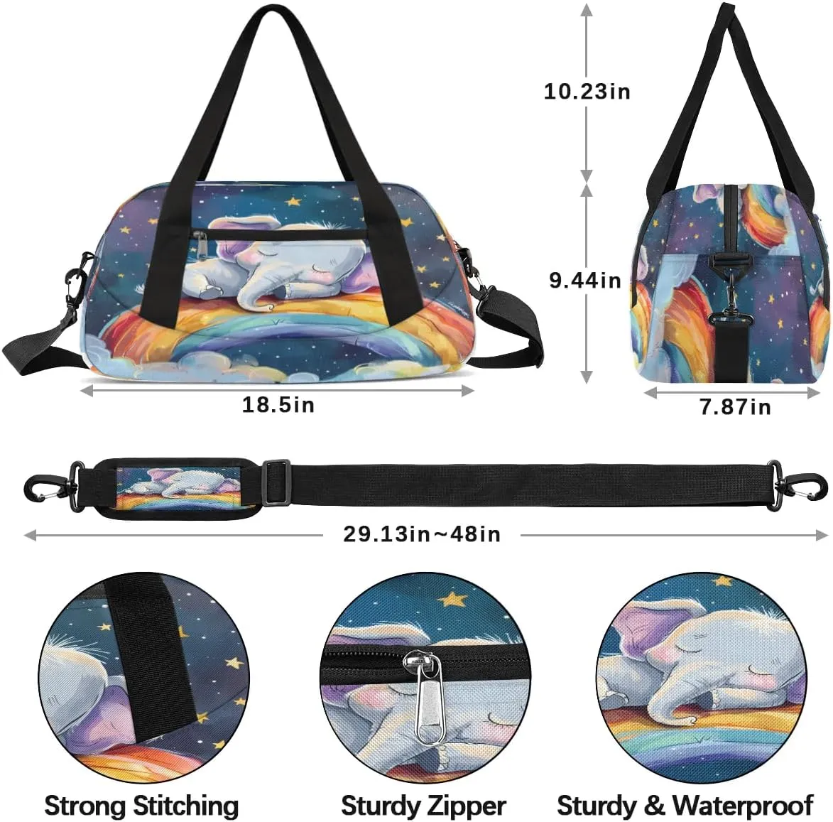 Sport Duffel Bag Elephant Rainbow Kids Gym Bag Weekender Overnight Bags for Boys Girls Teens Carry On Workout Travel Bag