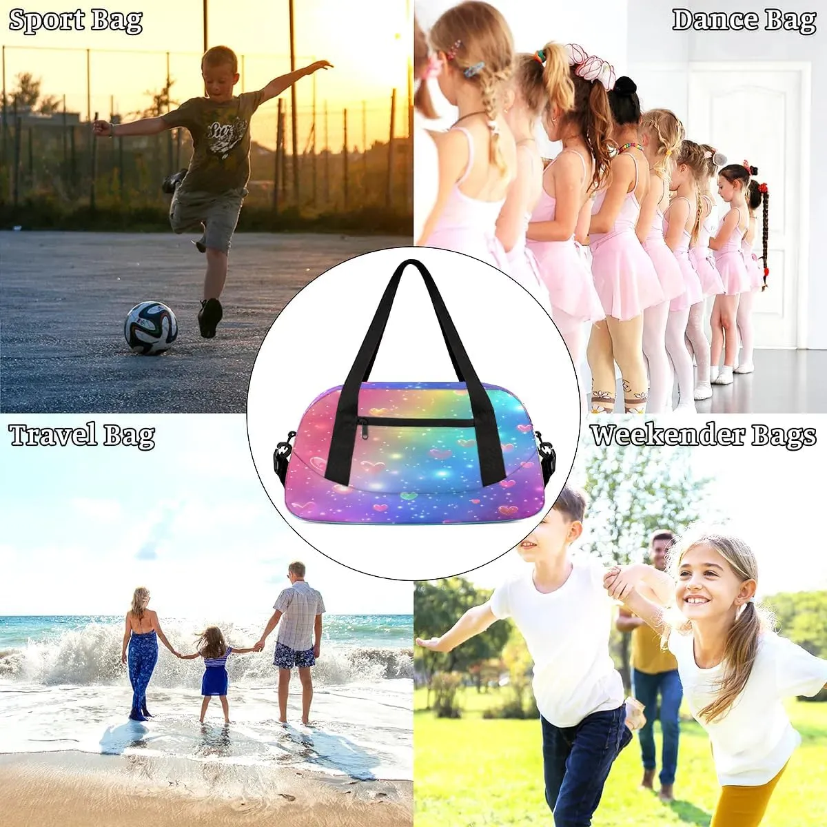 Sport Duffel Bag Love Heart Rainbow Kids Gym Bag Weekender Overnight Bags for Boys Girls Teens Carry On Workout Travel Bag