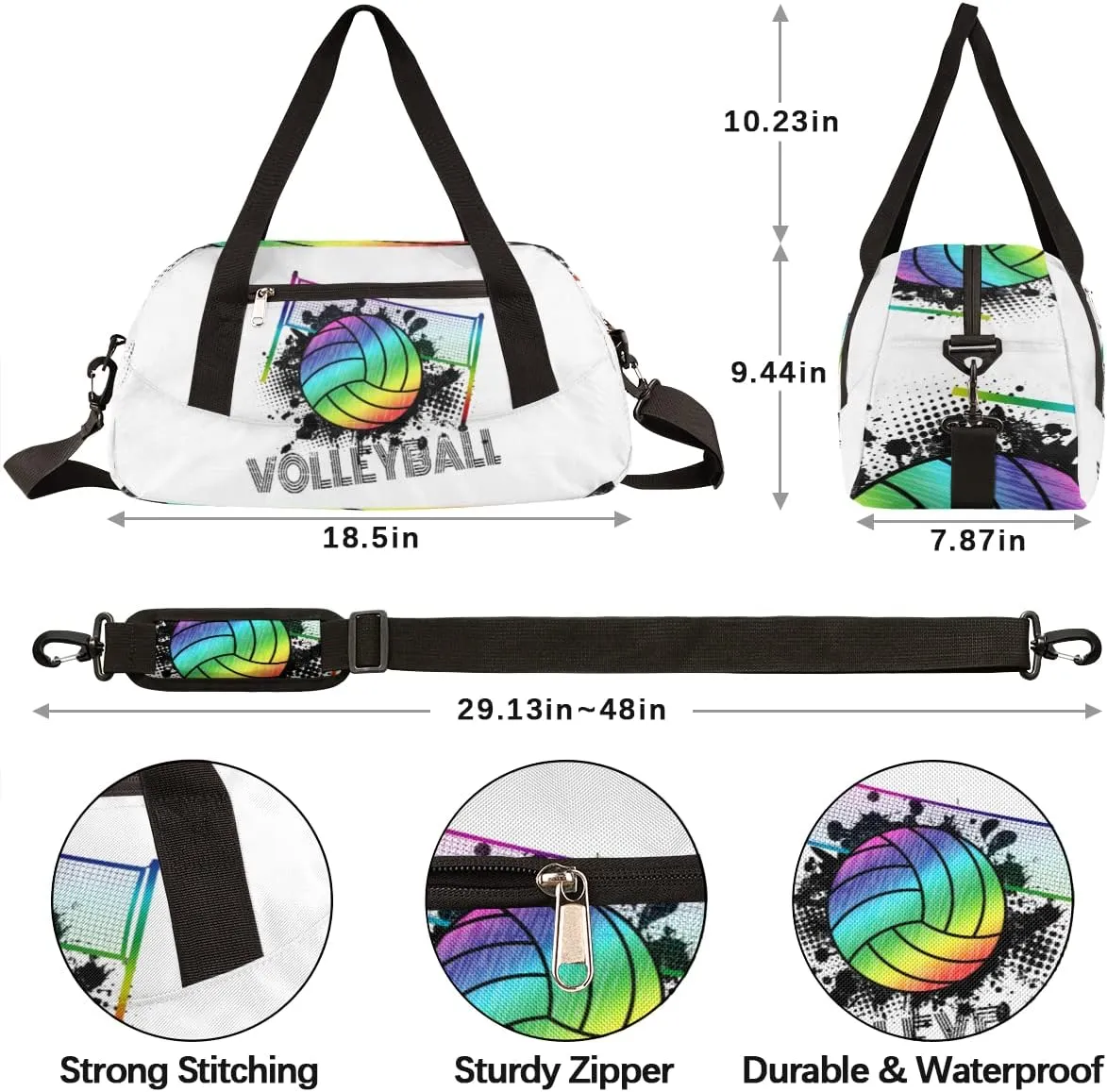 Sport Rainbow Volleyball Kids Duffle Bag for Boys Girls Dance Bag, Sport Gym Bags Overnight Travel Bags Teen Kids Weekender Bag for School Practice Gymnastic Ballet
