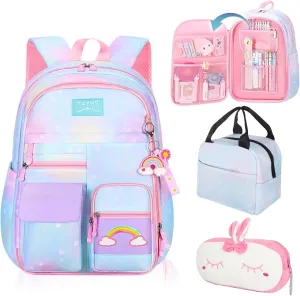 Starry Rainbow Backpack Kawaii School Students Backpack Cute Large Capacity Kids Bookbag Multifunction Fashion Casual Laptop Travel Bag For Boy Girl (Blue-17.5inch)