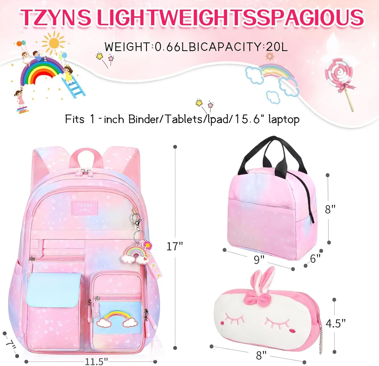 Starry Rainbow Backpack Kawaii School Students Backpack Cute Large Capacity Kids Bookbag Multifunction Fashion Casual Laptop Travel Bag For Boy Girl (Blue-17.5inch)