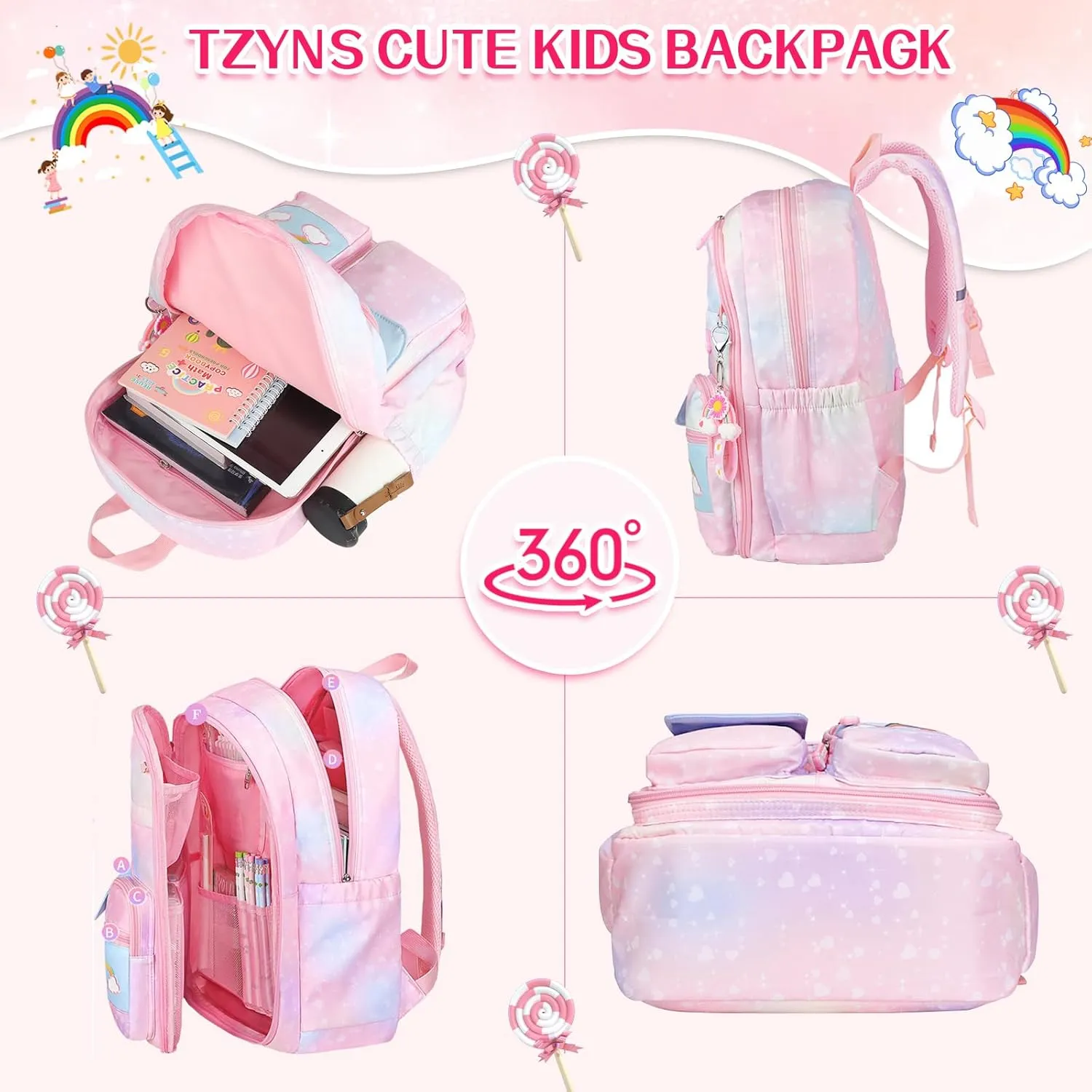Starry Rainbow Backpack Kawaii School Students Backpack Cute Large Capacity Kids Bookbag Multifunction Fashion Casual Laptop Travel Bag For Boy Girl (Blue-17.5inch)