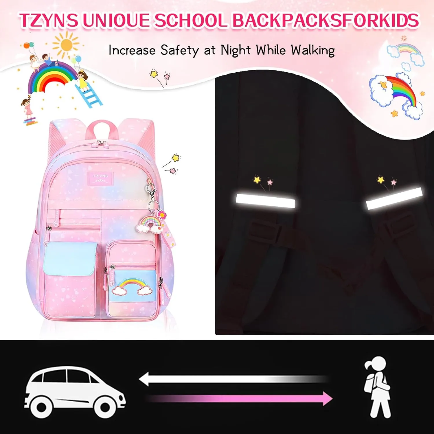 Starry Rainbow Backpack Kawaii School Students Backpack Cute Large Capacity Kids Bookbag Multifunction Fashion Casual Laptop Travel Bag For Boy Girl (Blue-17.5inch)