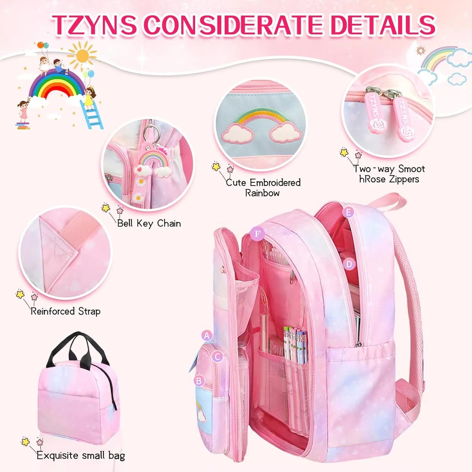 Starry Rainbow Backpack Kawaii School Students Backpack Cute Large Capacity Kids Bookbag Multifunction Fashion Casual Laptop Travel Bag For Boy Girl (Blue-17.5inch)