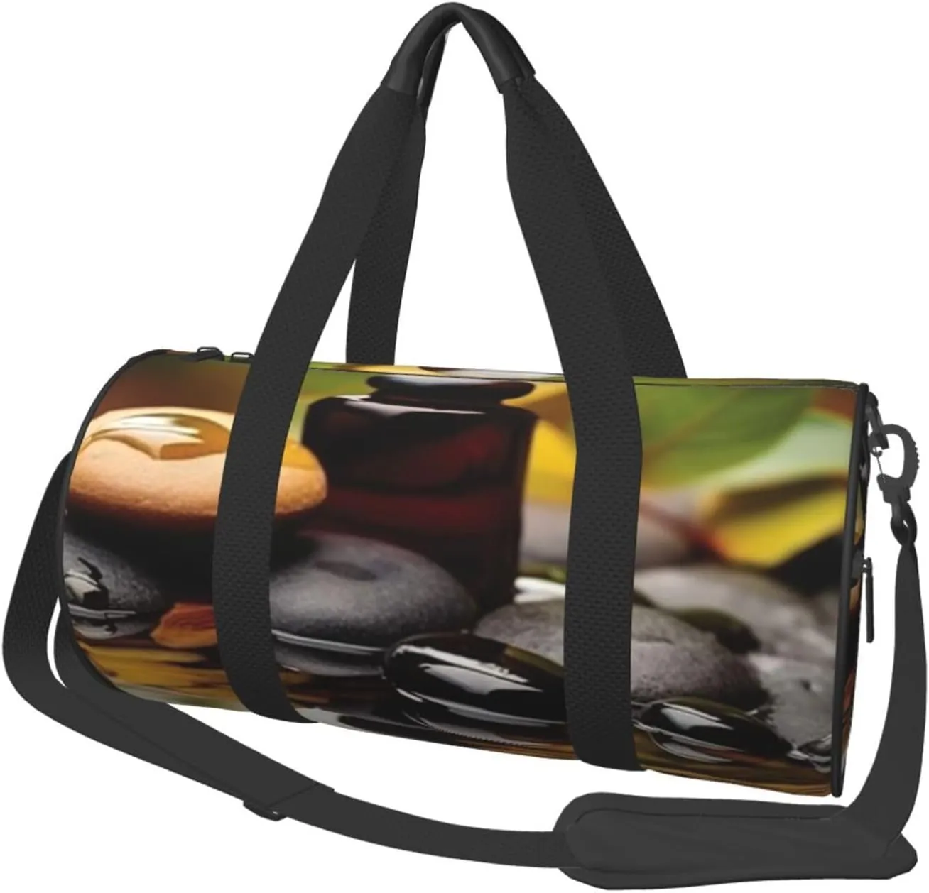 Stones and Spa Oil on The Wood Near a Pond Print Travel Duffel Bags With Pocket And Adjustable Strap Large Gym Bag Fashion Yoga Bag For Women Men