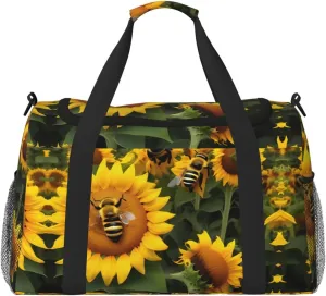 Sunflower Bees print Large Canvas Travel Duffel Bag Weekender Bags for Women Overnight Bag Carry On Tote Bag