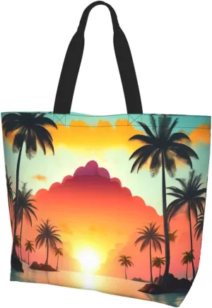 Sunrise Tropical Palm Tree Island print Shoulder Handbag, Women Tote Purse, Large Capacity Shopping Bag, Top Handle Bag
