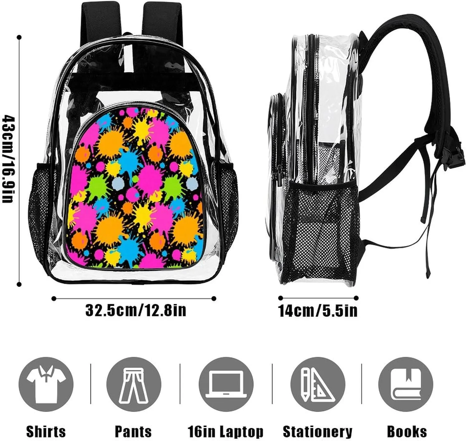 Supdreamc Colorful Splatter Color Art Backpack Lightweight Anti-Theft Multipurpose Shoulder Bag Large Capacity Travel Hiking Backpack Transparent Bag