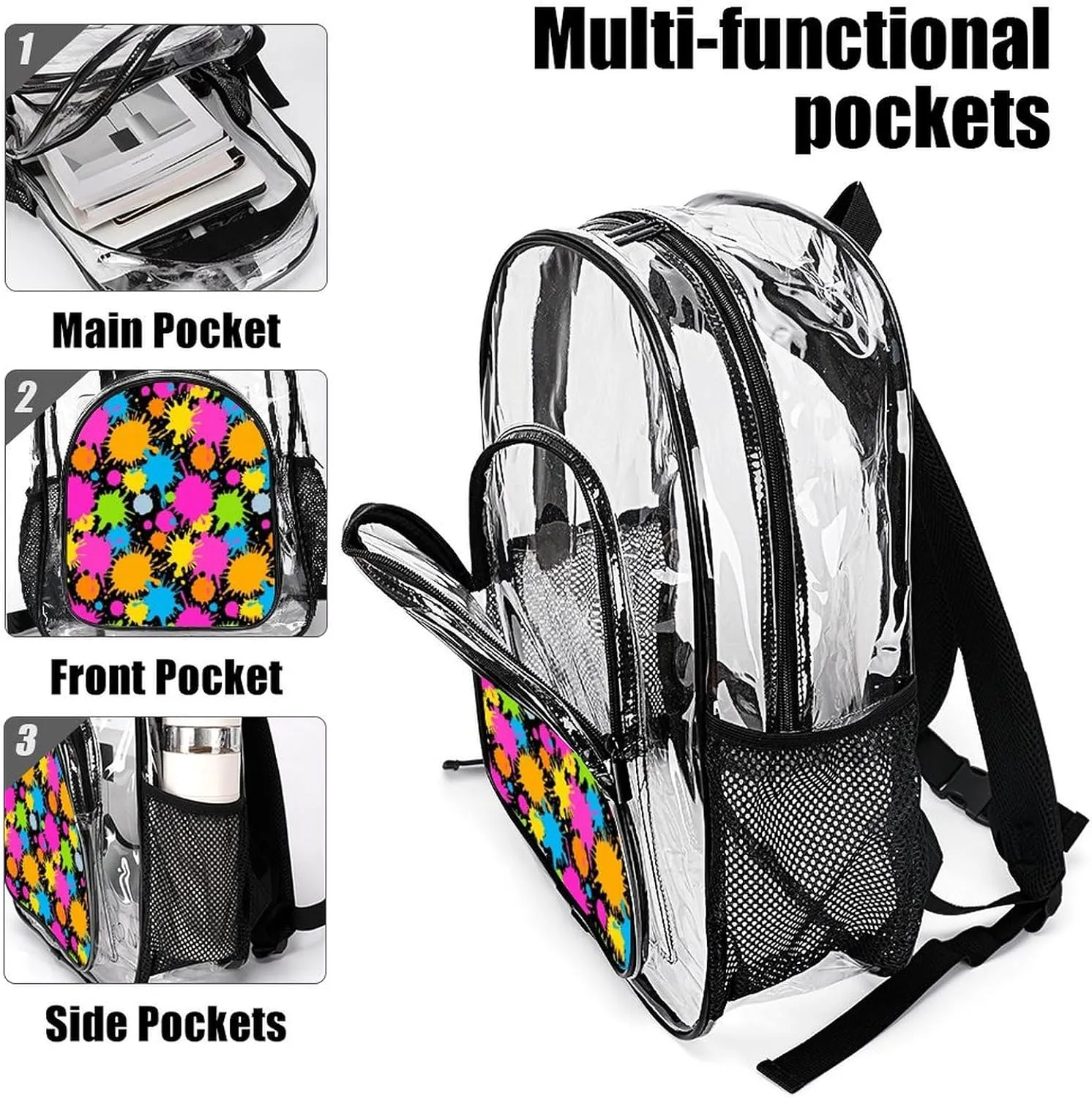 Supdreamc Colorful Splatter Color Art Backpack Lightweight Anti-Theft Multipurpose Shoulder Bag Large Capacity Travel Hiking Backpack Transparent Bag