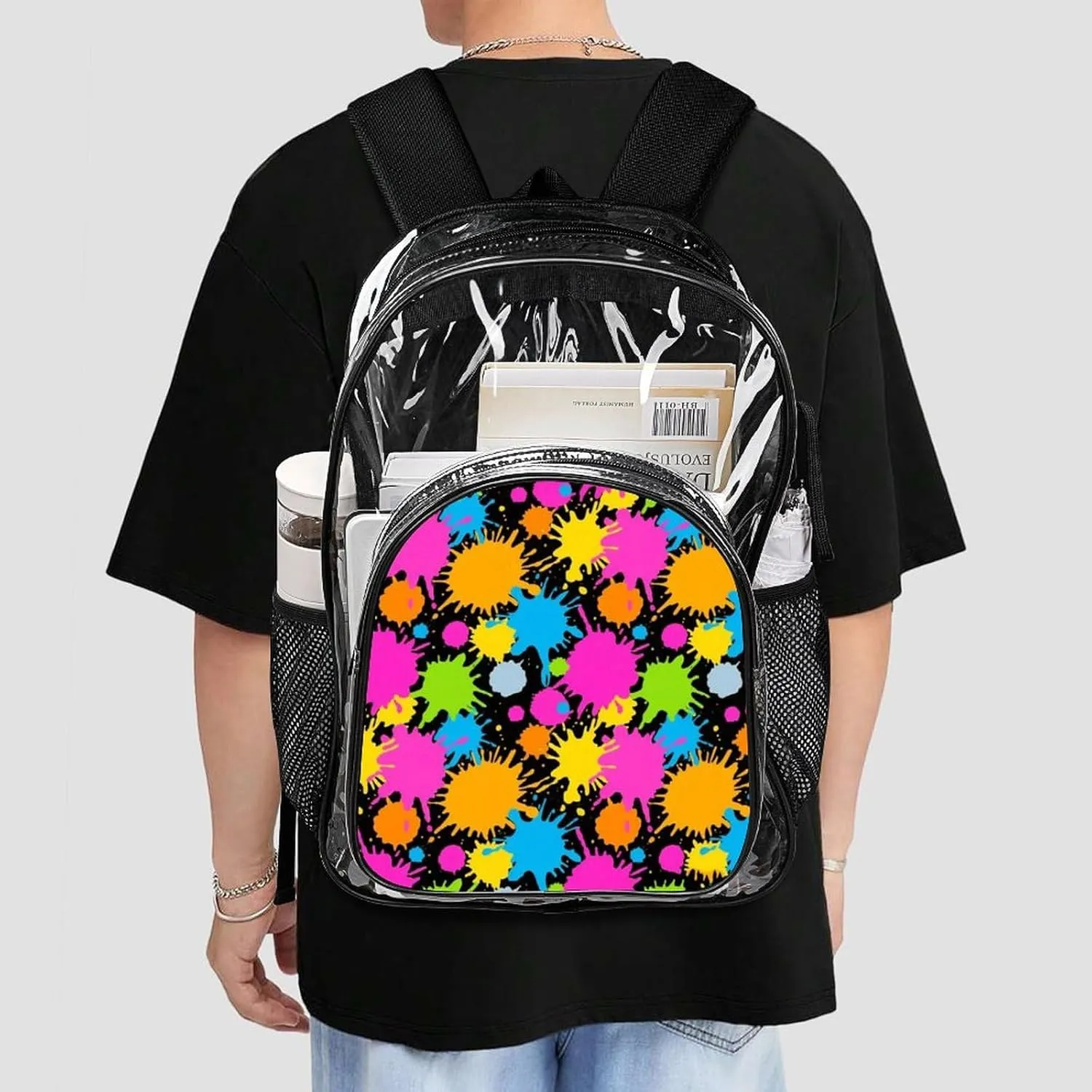 Supdreamc Colorful Splatter Color Art Backpack Lightweight Anti-Theft Multipurpose Shoulder Bag Large Capacity Travel Hiking Backpack Transparent Bag