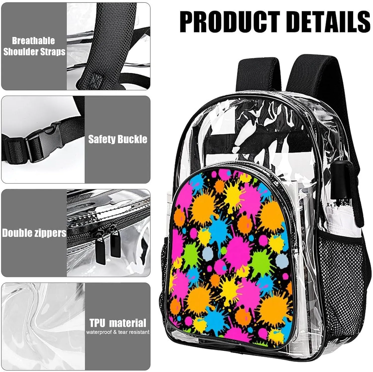 Supdreamc Colorful Splatter Color Art Backpack Lightweight Anti-Theft Multipurpose Shoulder Bag Large Capacity Travel Hiking Backpack Transparent Bag