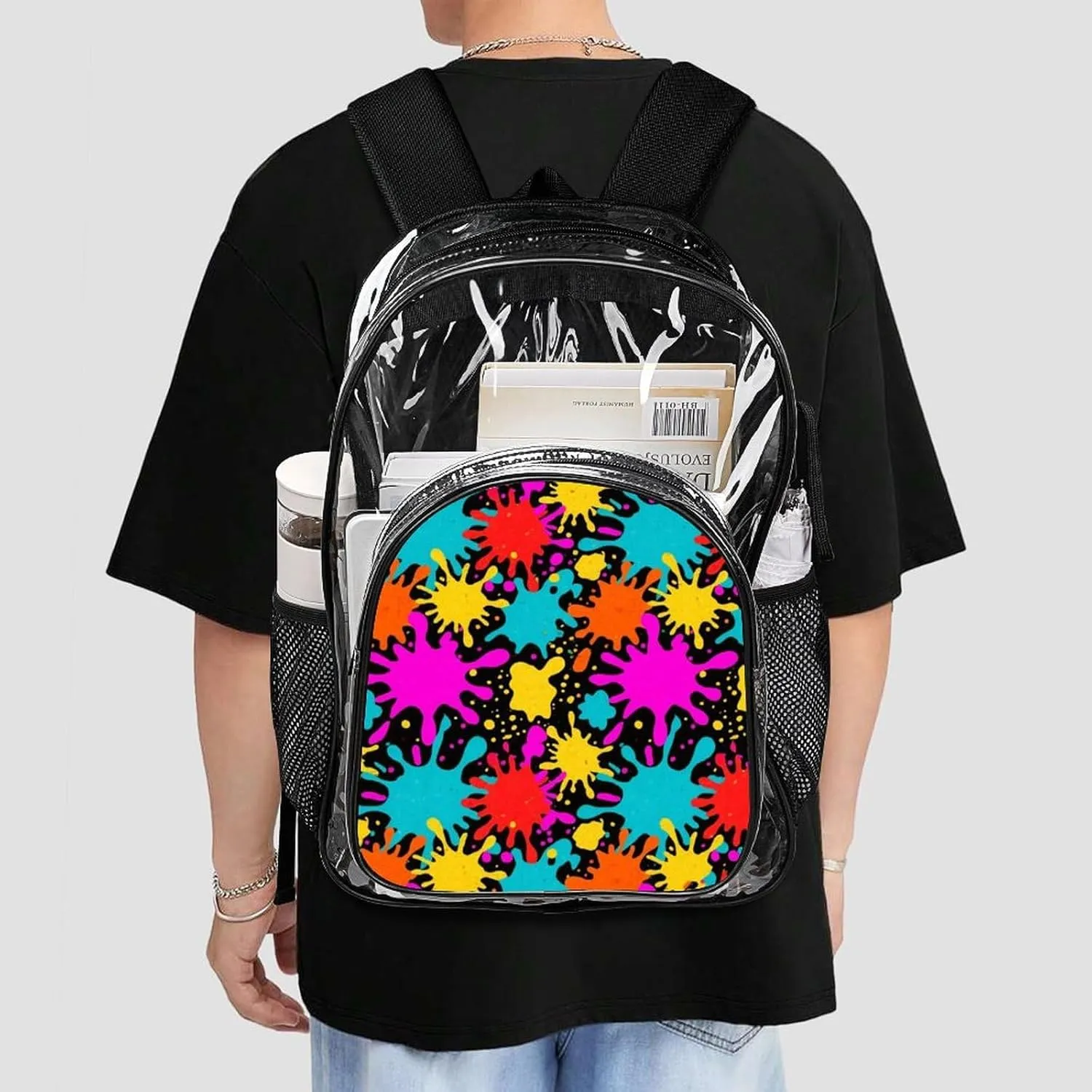 Supdreamc Shoulder Book Bags Anti-Theft Multipurpose Big Capacity Bookbag - Colorful Splatter Color Art Travel Hiking Backpack Transparent Bag