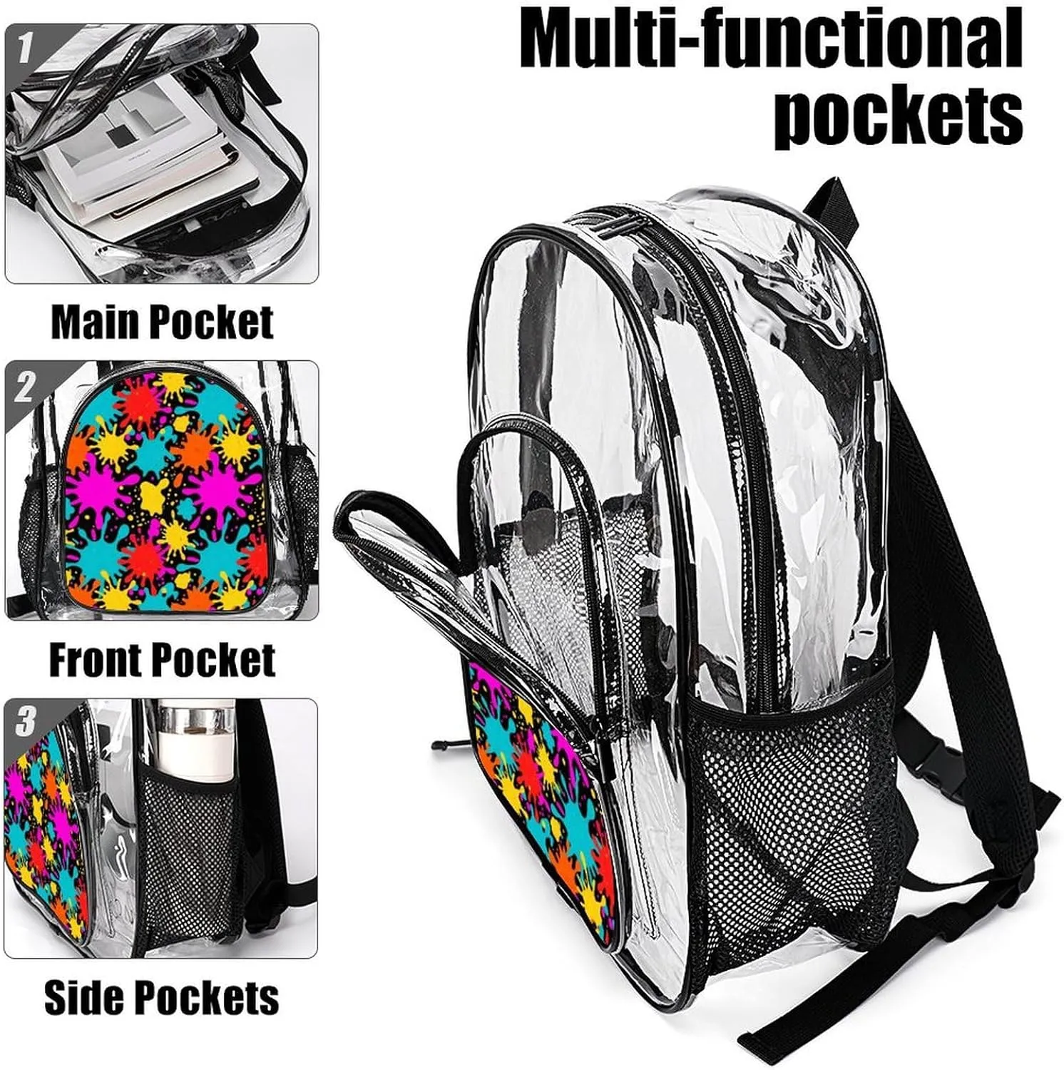 Supdreamc Shoulder Book Bags Anti-Theft Multipurpose Big Capacity Bookbag - Colorful Splatter Color Art Travel Hiking Backpack Transparent Bag