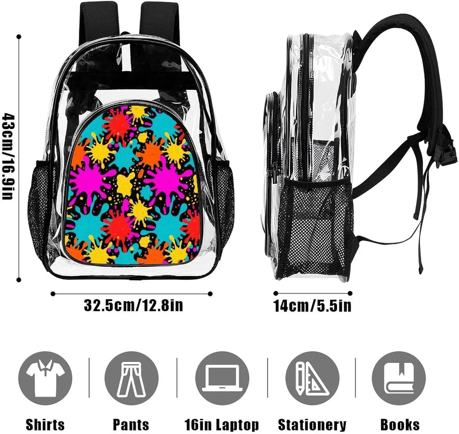Supdreamc Shoulder Book Bags Anti-Theft Multipurpose Big Capacity Bookbag - Colorful Splatter Color Art Travel Hiking Backpack Transparent Bag