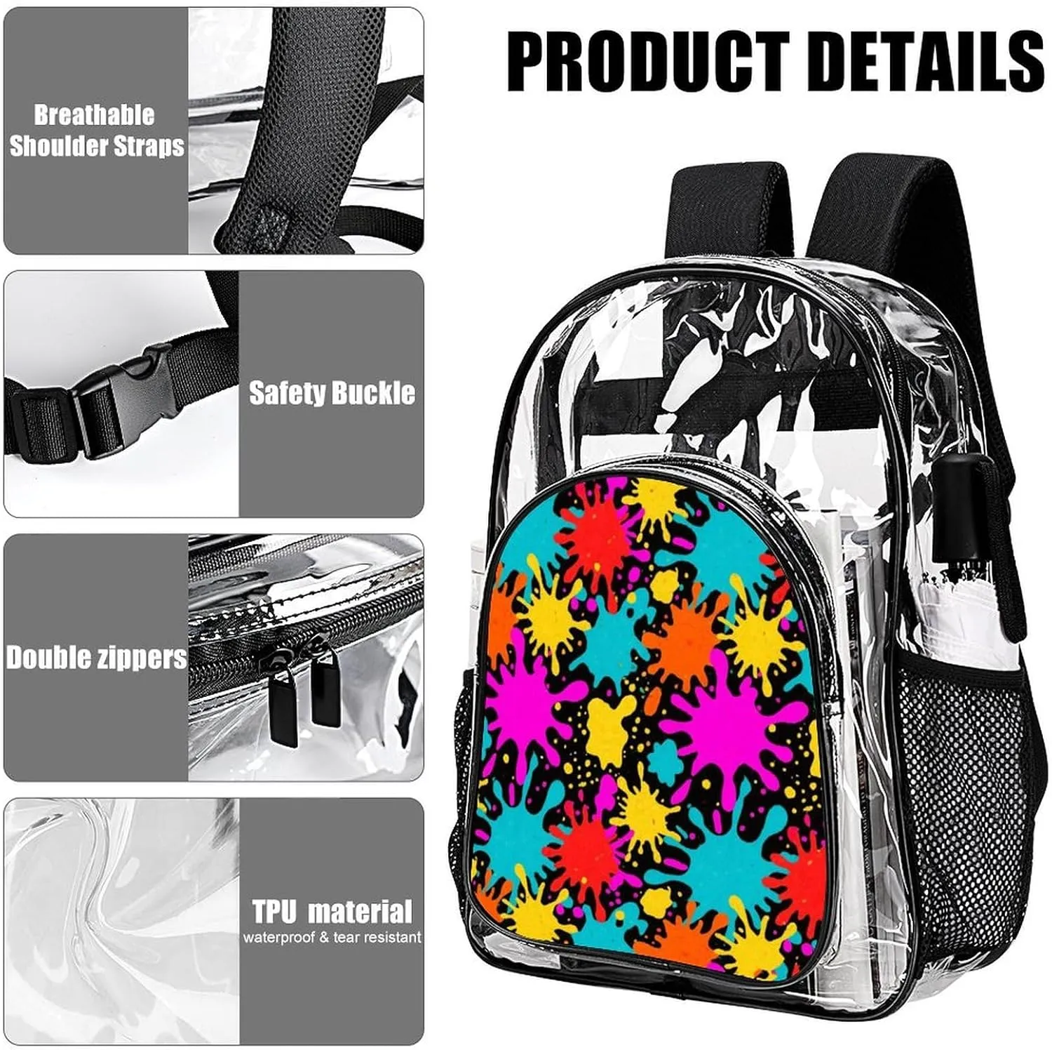 Supdreamc Shoulder Book Bags Anti-Theft Multipurpose Big Capacity Bookbag - Colorful Splatter Color Art Travel Hiking Backpack Transparent Bag