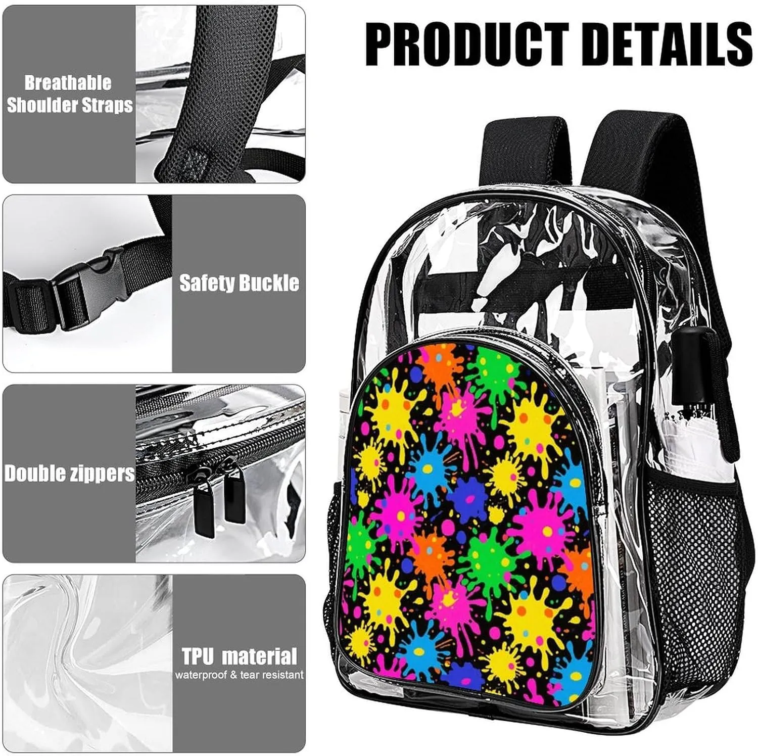 Supdreamc Transparent Daypack Backpack for Sports Travel Running - Big Capacity Anti-Theft Multipurpose Carry On Bag, Colorful Splatter Color Art Laptop Book Bag Rucksack