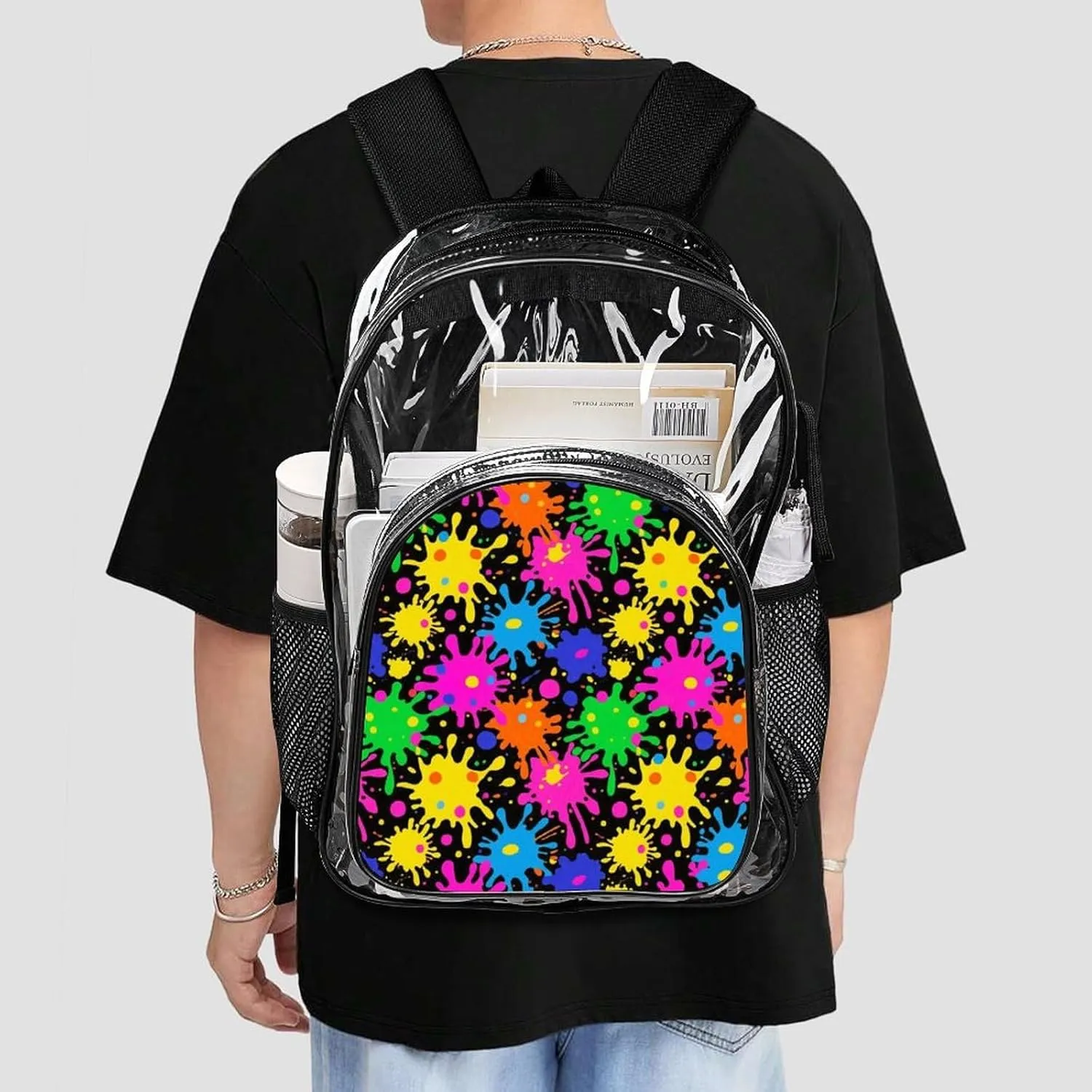 Supdreamc Transparent Daypack Backpack for Sports Travel Running - Big Capacity Anti-Theft Multipurpose Carry On Bag, Colorful Splatter Color Art Laptop Book Bag Rucksack