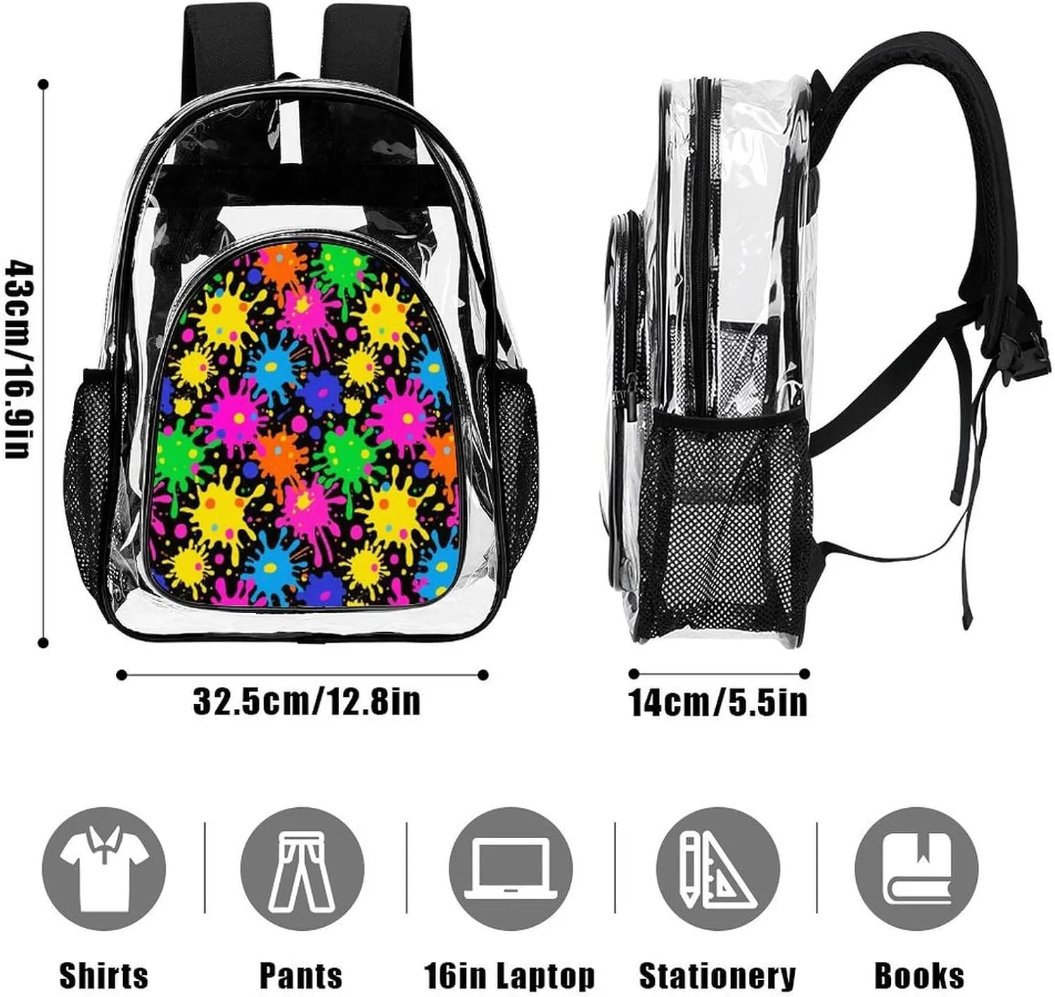 Supdreamc Transparent Daypack Backpack for Sports Travel Running - Big Capacity Anti-Theft Multipurpose Carry On Bag, Colorful Splatter Color Art Laptop Book Bag Rucksack