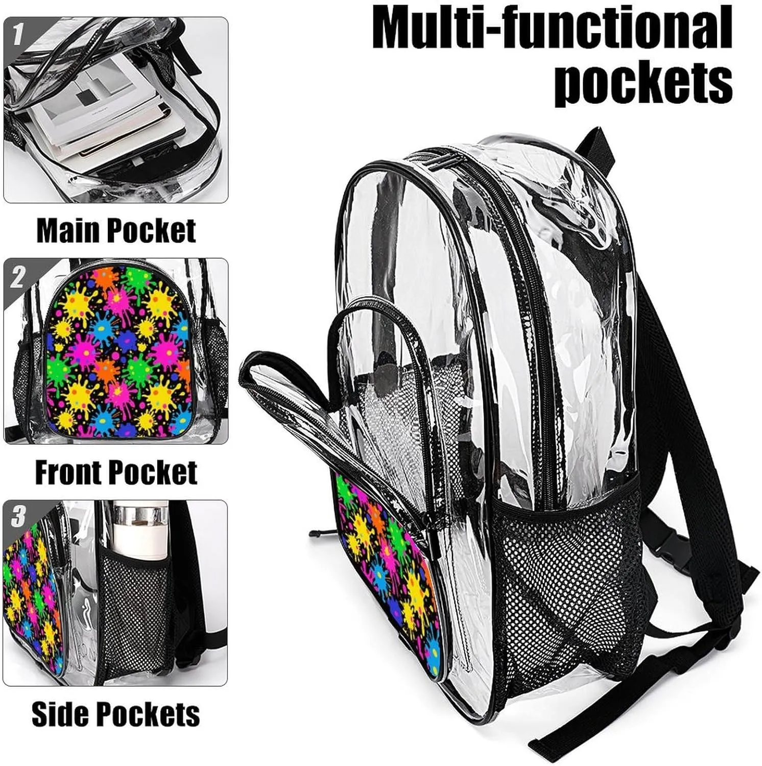 Supdreamc Transparent Daypack Backpack for Sports Travel Running - Big Capacity Anti-Theft Multipurpose Carry On Bag, Colorful Splatter Color Art Laptop Book Bag Rucksack