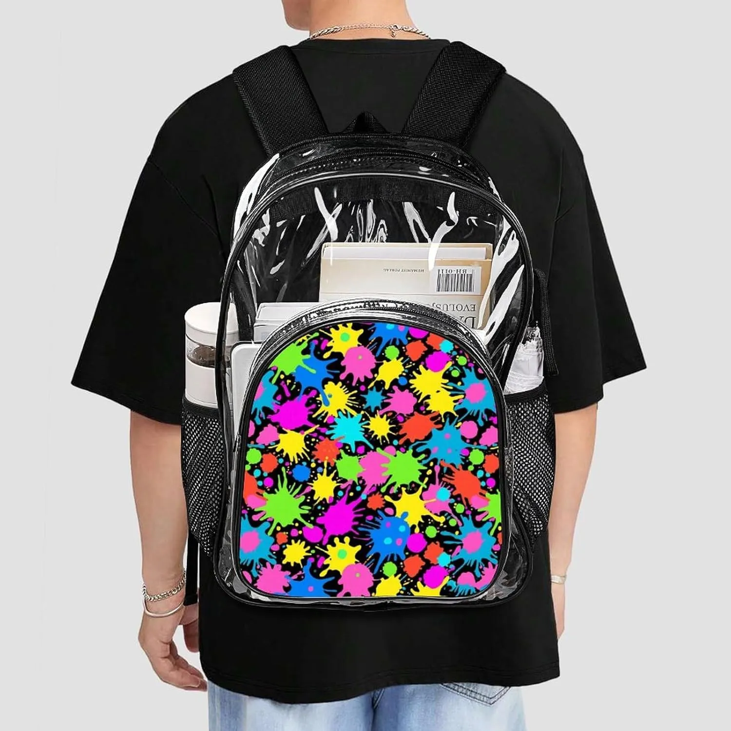 Supdreamc Women Men Transparent Colorful Splatter Color Art Casual Daypack Large Capacity Bookbag With Side Pockets for Sports Picnic Walking Cycling