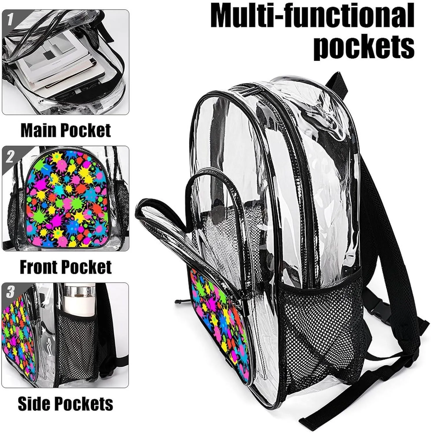 Supdreamc Women Men Transparent Colorful Splatter Color Art Casual Daypack Large Capacity Bookbag With Side Pockets for Sports Picnic Walking Cycling