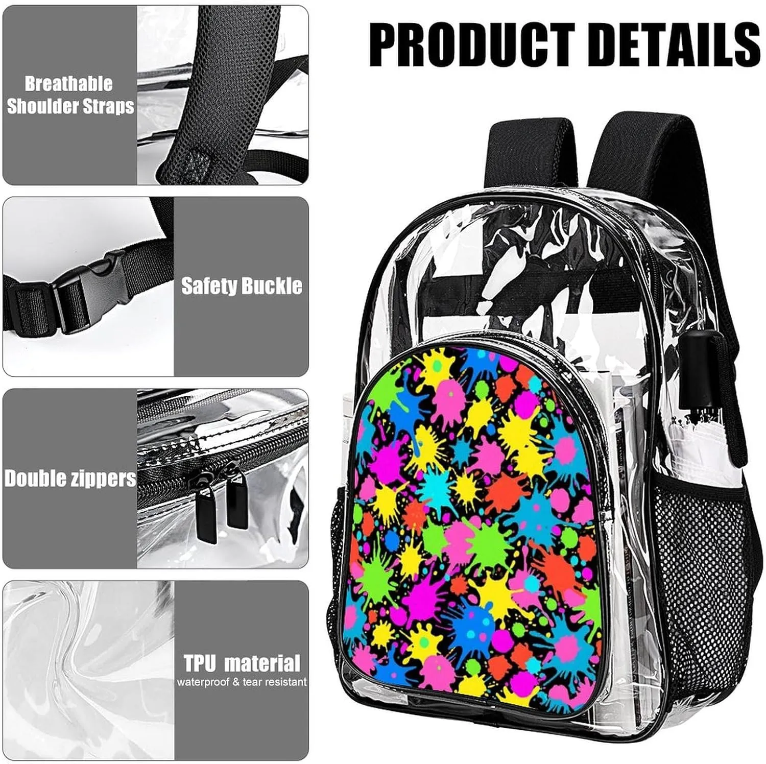 Supdreamc Women Men Transparent Colorful Splatter Color Art Casual Daypack Large Capacity Bookbag With Side Pockets for Sports Picnic Walking Cycling