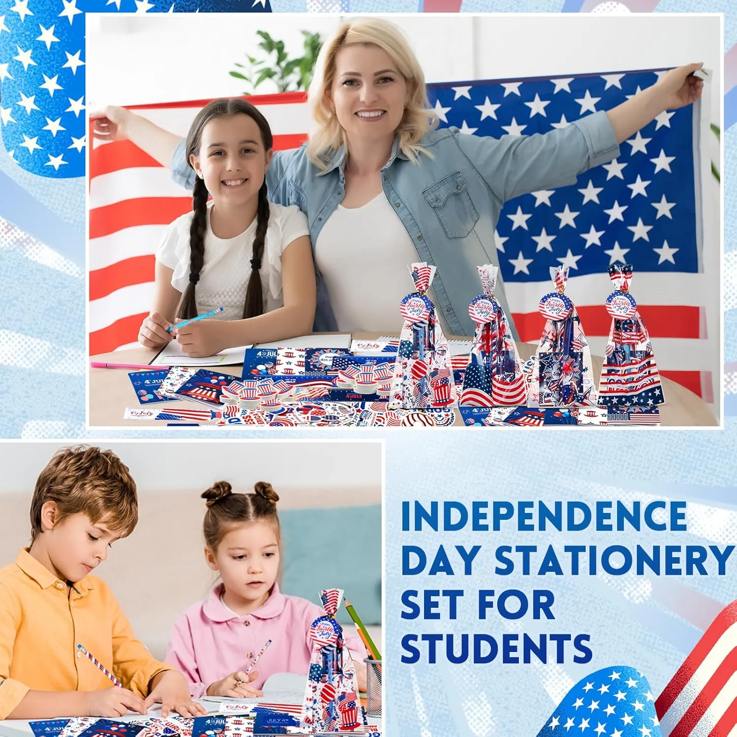 Supervitae 194 Pcs 4th of July Party Favors Stationery Gifts Sets Independence Day Goodie Bags Fillers Patriotic Notebook Pencil Sticker Memorial Day Classroom Prizes