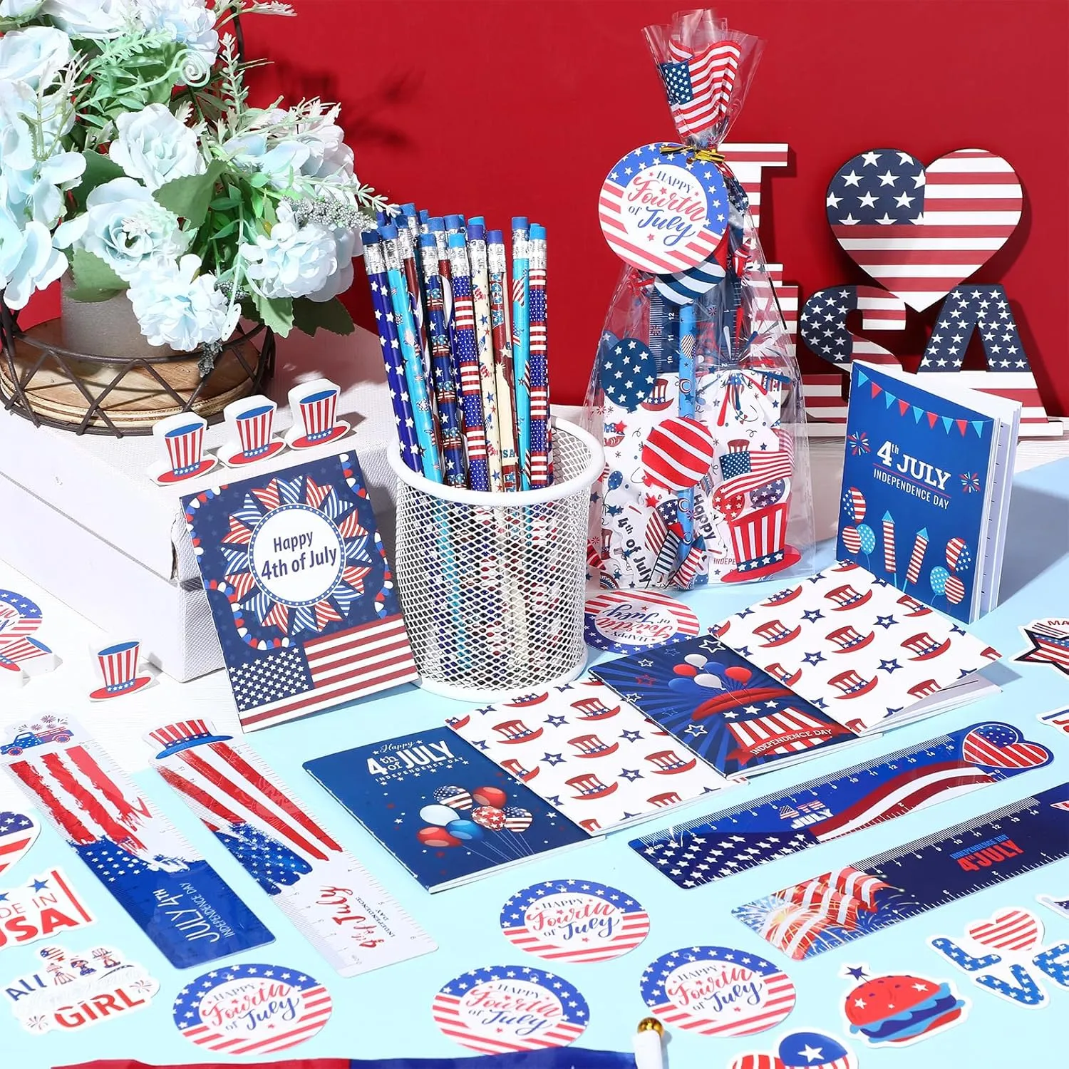 Supervitae 194 Pcs 4th of July Party Favors Stationery Gifts Sets Independence Day Goodie Bags Fillers Patriotic Notebook Pencil Sticker Memorial Day Classroom Prizes