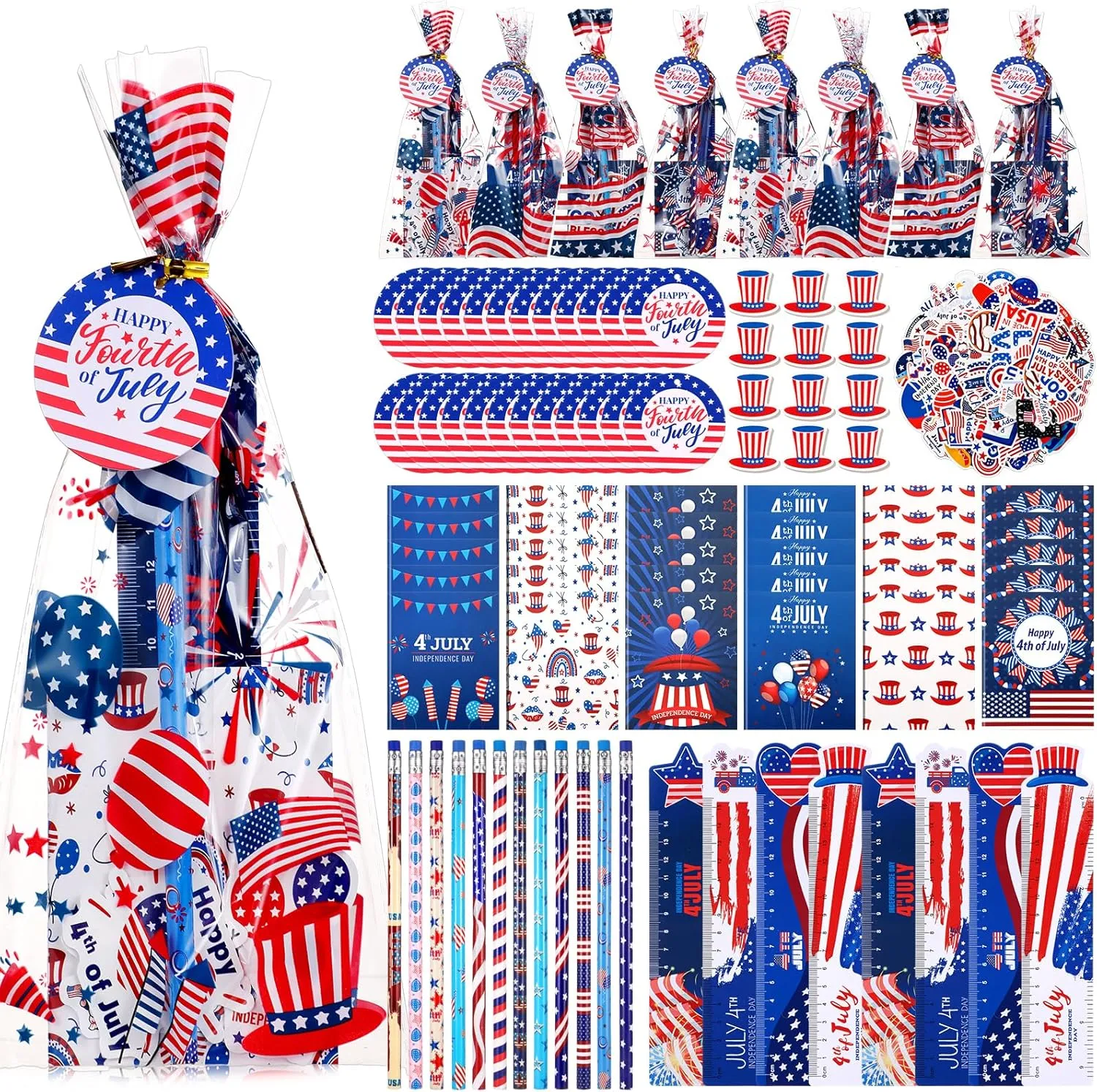 Supervitae 194 Pcs 4th of July Party Favors Stationery Gifts Sets Independence Day Goodie Bags Fillers Patriotic Notebook Pencil Sticker Memorial Day Classroom Prizes