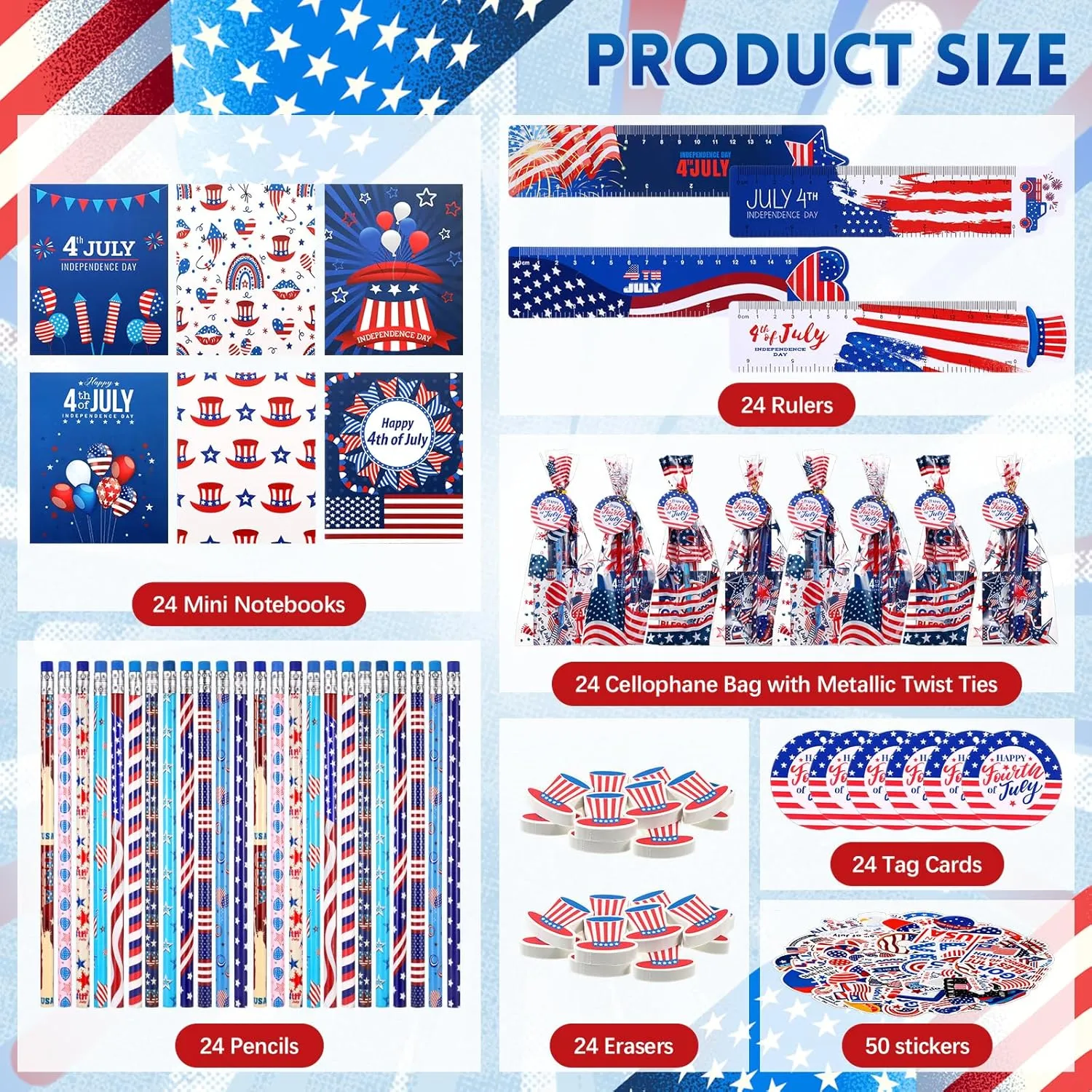 Supervitae 194 Pcs 4th of July Party Favors Stationery Gifts Sets Independence Day Goodie Bags Fillers Patriotic Notebook Pencil Sticker Memorial Day Classroom Prizes