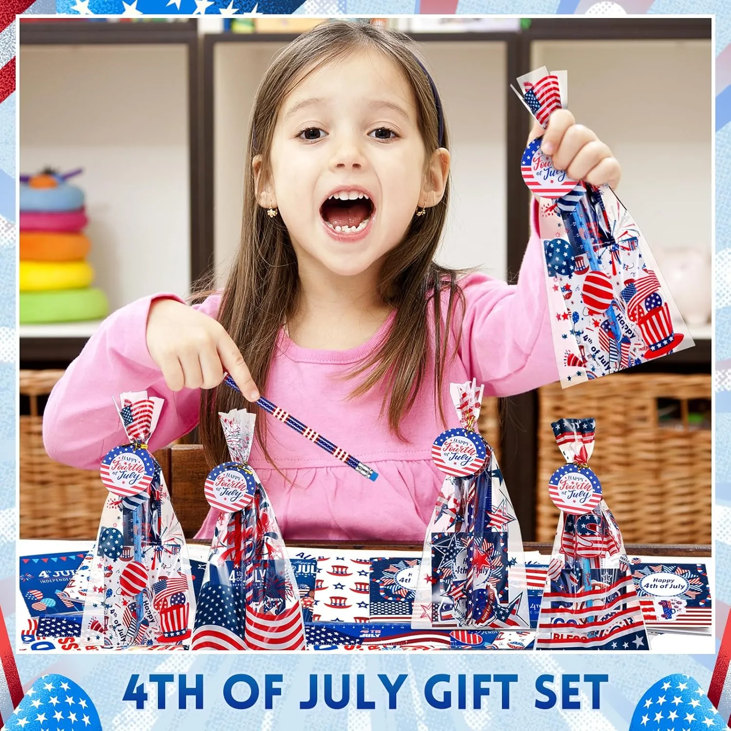 Supervitae 194 Pcs 4th of July Party Favors Stationery Gifts Sets Independence Day Goodie Bags Fillers Patriotic Notebook Pencil Sticker Memorial Day Classroom Prizes