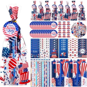 Supervitae 194 Pcs 4th of July Party Favors Stationery Gifts Sets Independence Day Goodie Bags Fillers Patriotic Notebook Pencil Sticker Memorial Day Classroom Prizes